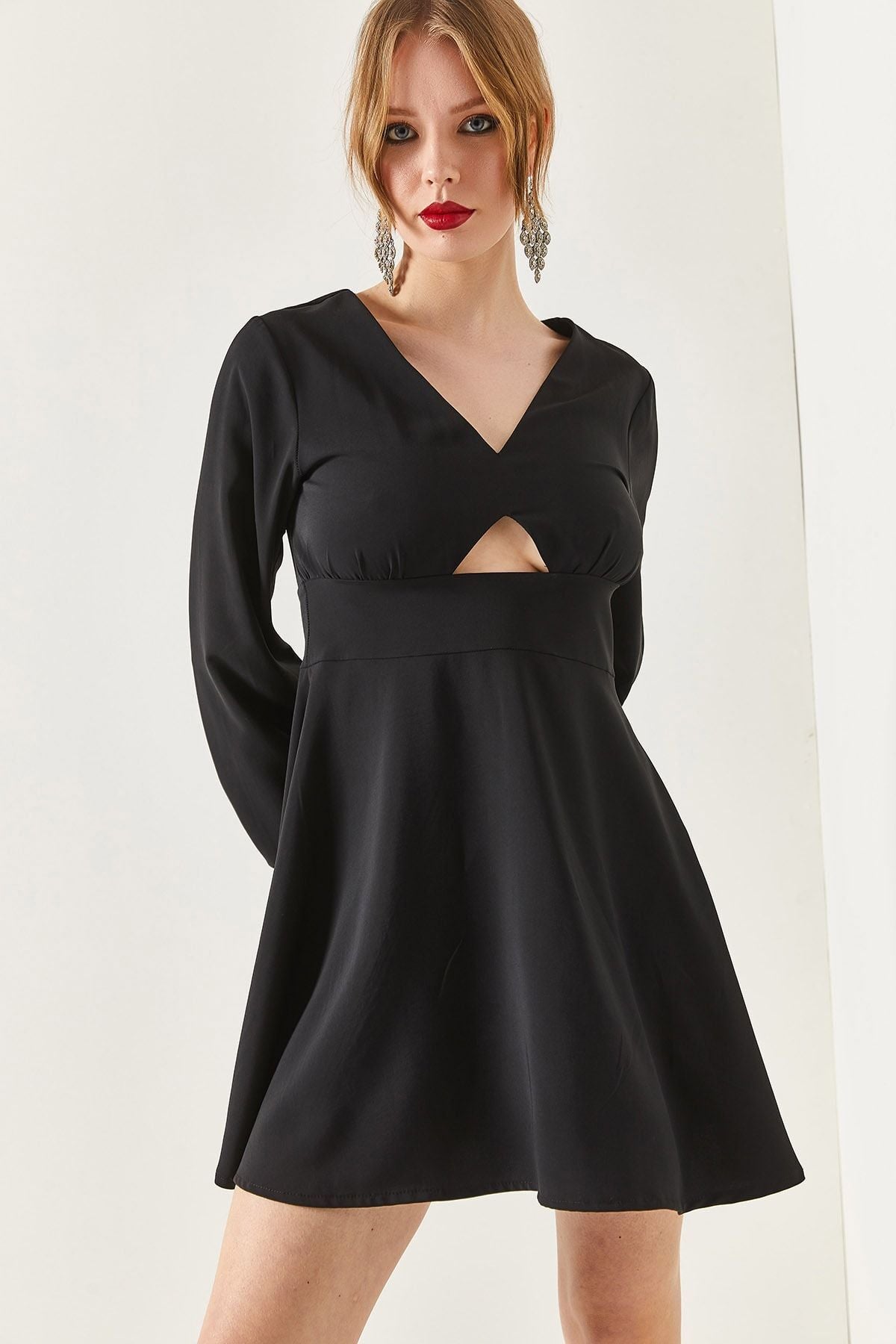 Women's V-Neck Flared Dress with Front Window