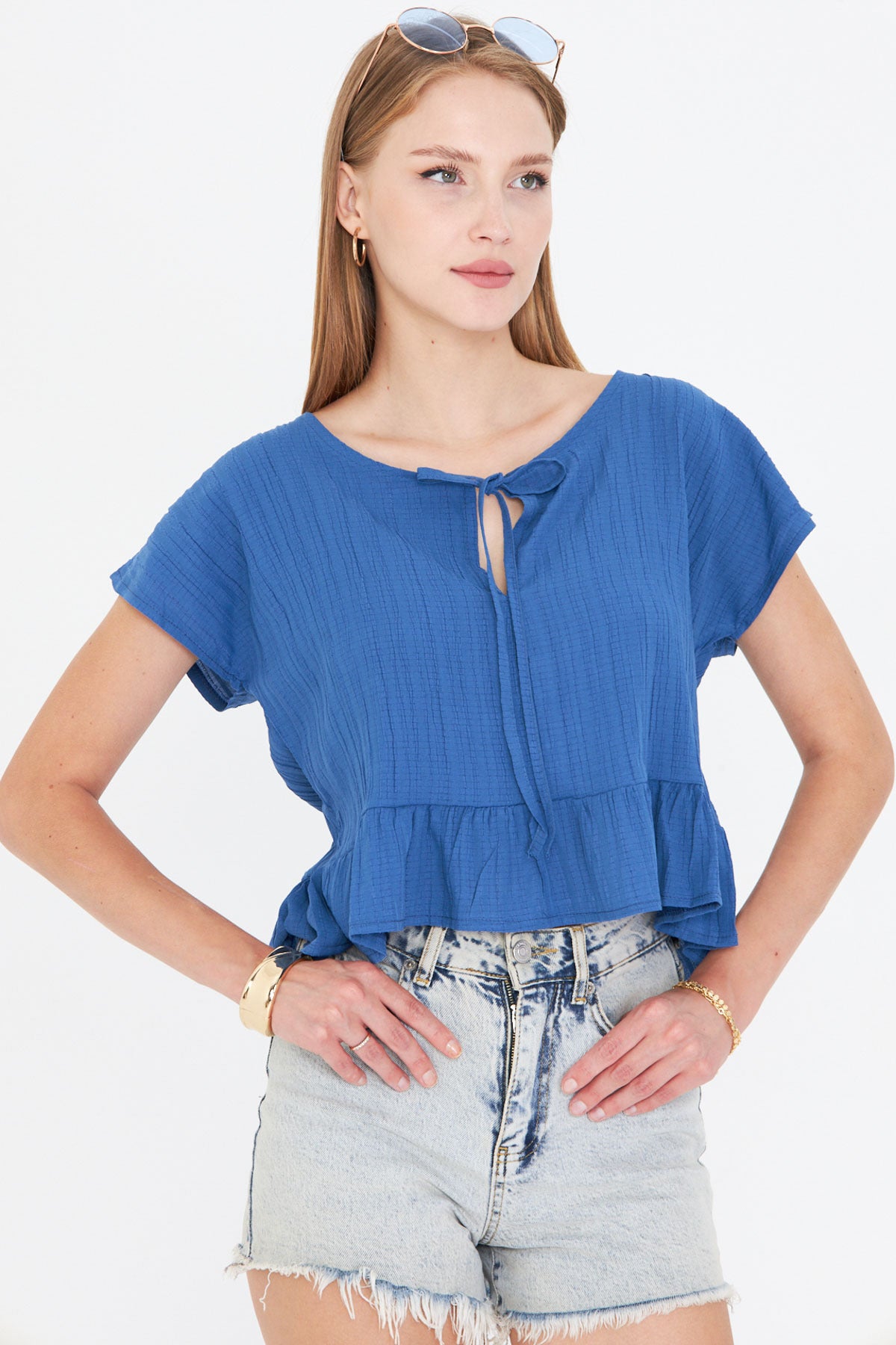 Women's Dark Blue Bat Sleeve Collar Tie-Up Skirt Ruffled Oversize Crop Blouse ARM-24Y001088