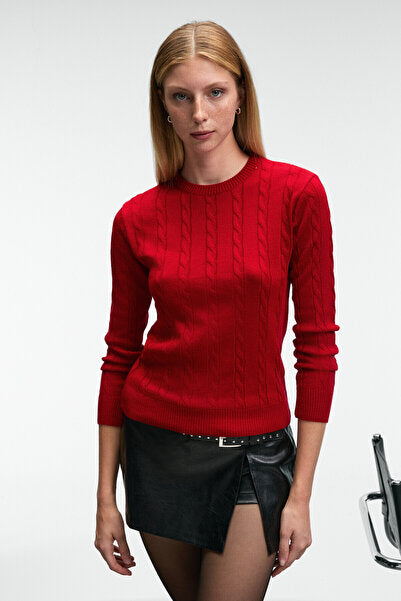 QUERIDA Women's Round Neck Braided Regular Fit Knitwear Red Sweater