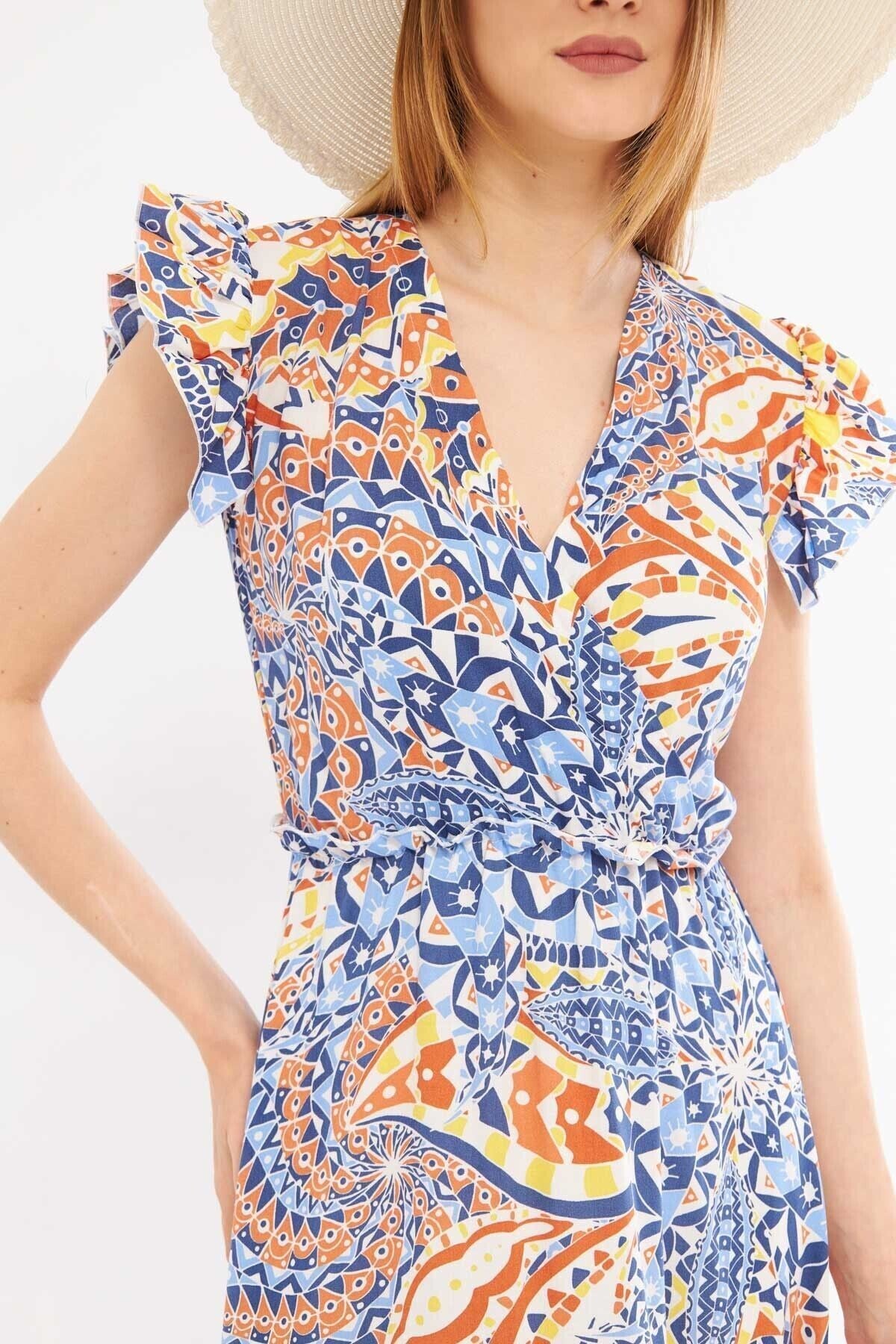 Women's Tile Double Breasted Collar Shoulder Ruffle Detailed Elastic Waist Midi Dress ARM-24Y001020