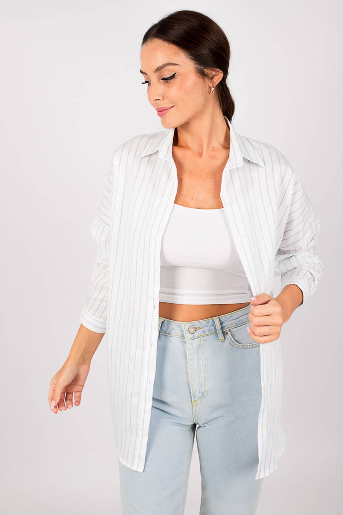 Women's Baby Blue Striped Oversize Long Basic Shirt Arm-22Y001129