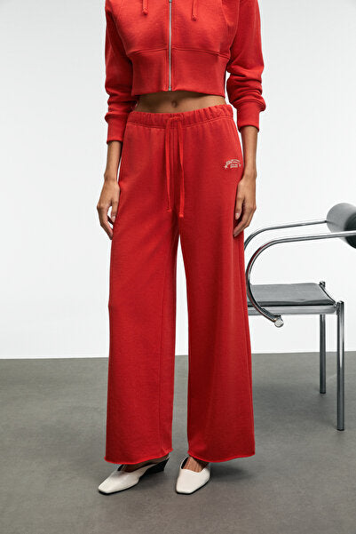 MORVELLA Women's Embroidered Regular Fit Red Sweatpants
