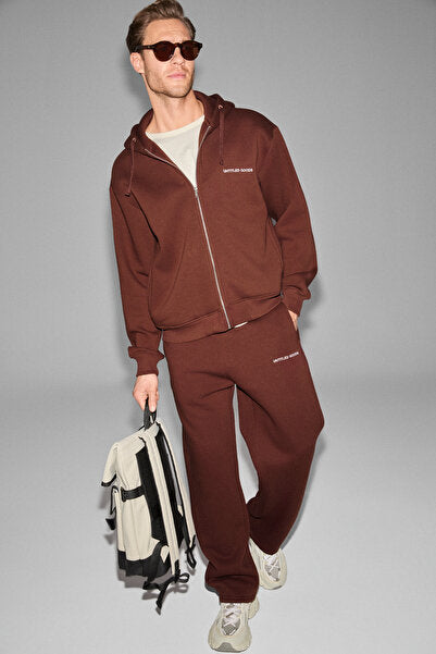 GALLO Cotton Regular Brown Bottom-Top Set with Fleece Inside, Hooded and Elastic Waist, Double Pockets