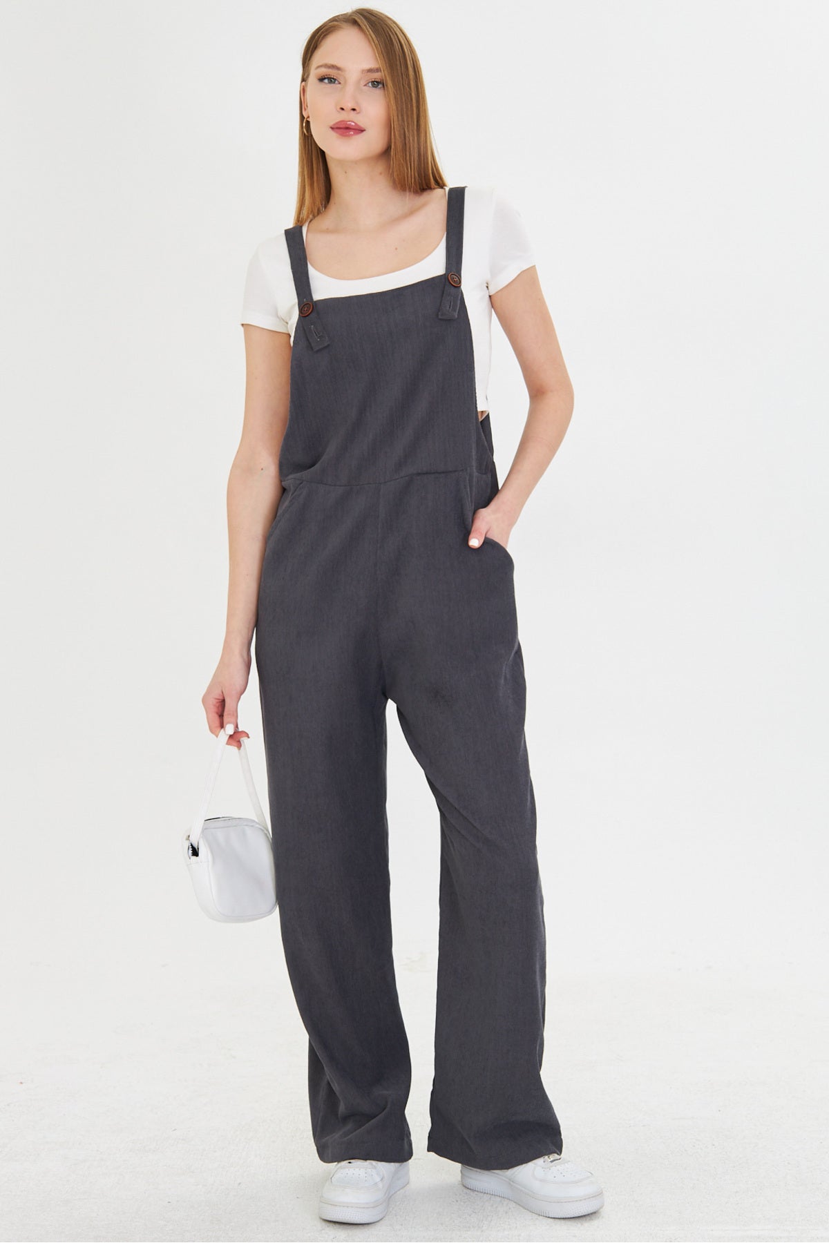 Women's Smoked Velvet Pocket Wide Leg Thin Ribbed Gardener Overalls ARM-25K001036