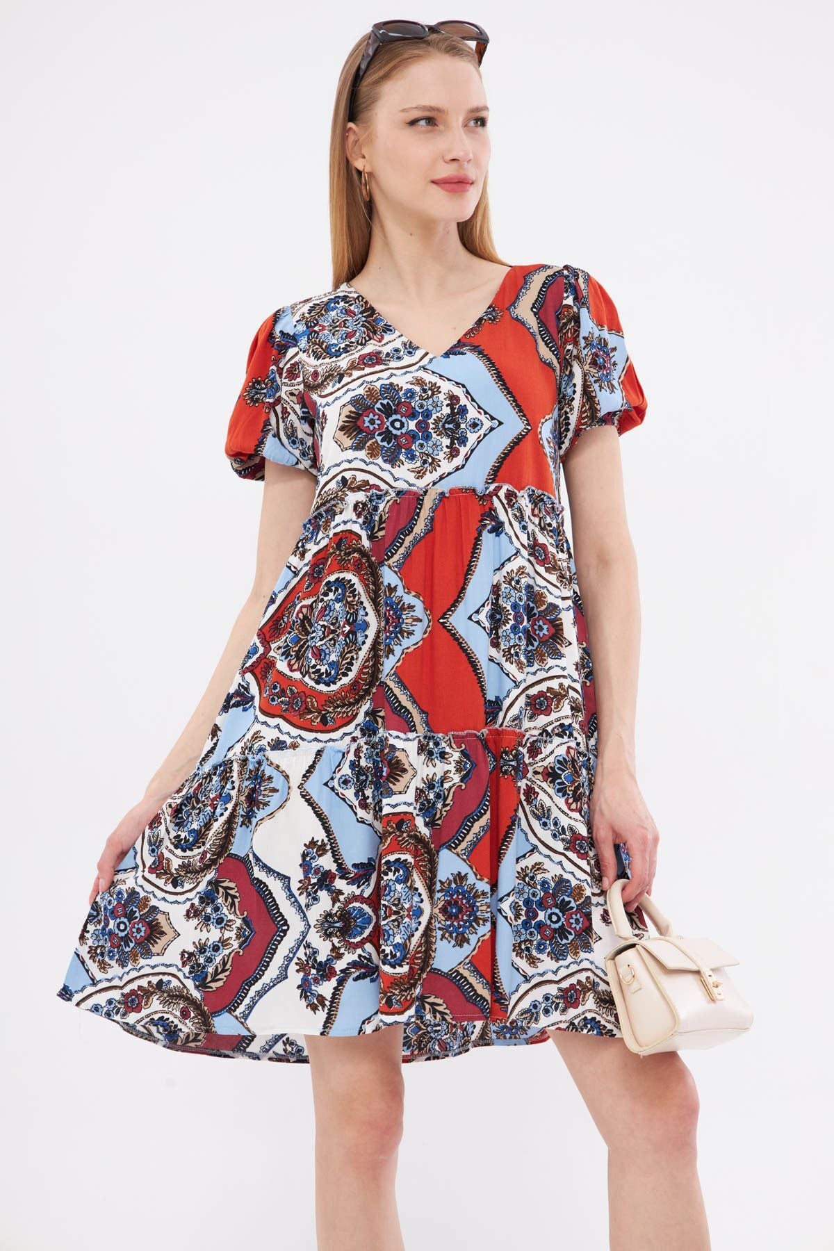 Women's Baby Blue V-Neck Short Sleeve Patterned Frilly Dress ARM-24Y001014