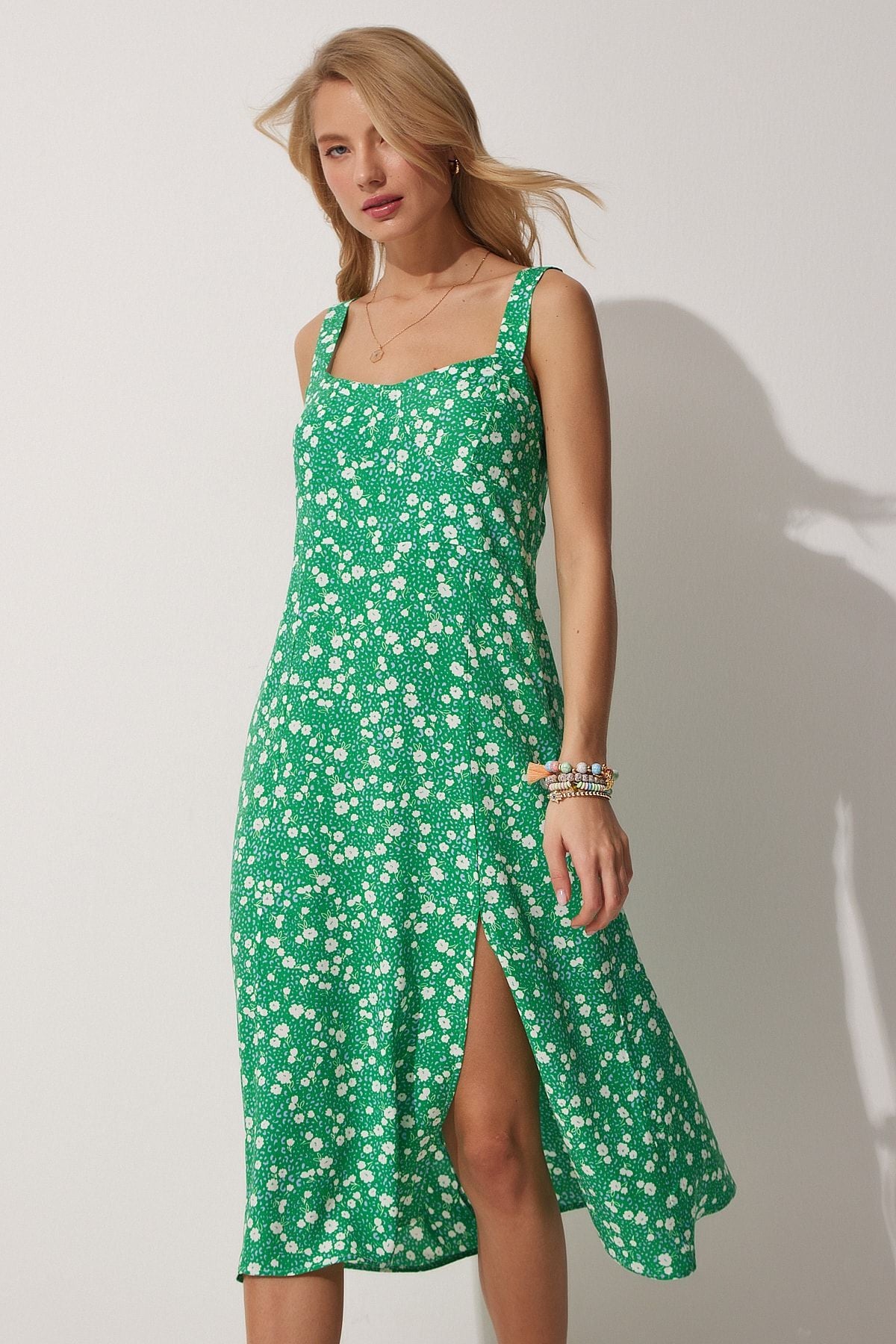 Female Green Cream Square Yaka Floral Summer Viscose Dress DD01208