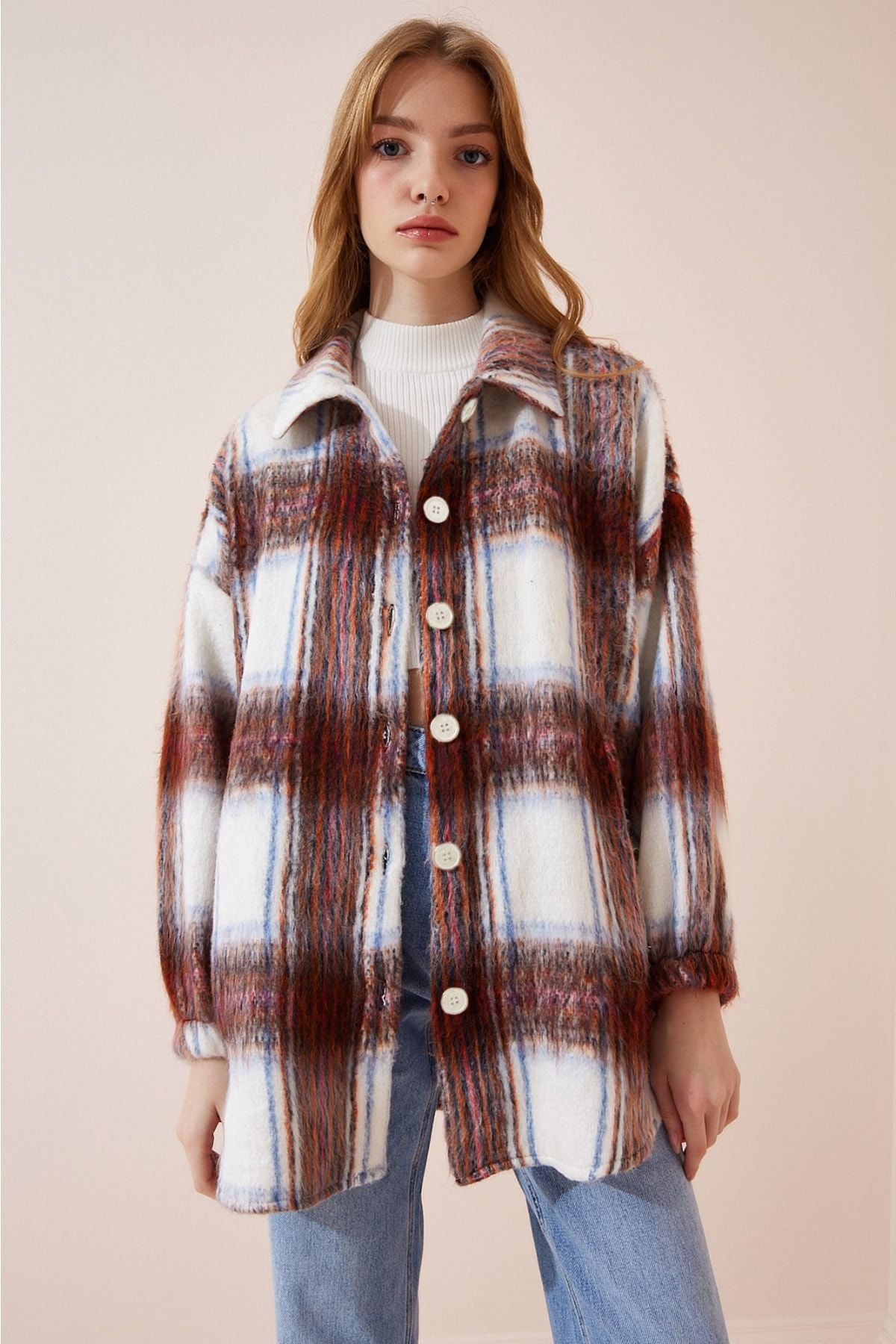 Woman Ecru Tile Wool Effective Oversizle Stamp Shirt Jacket DD01145