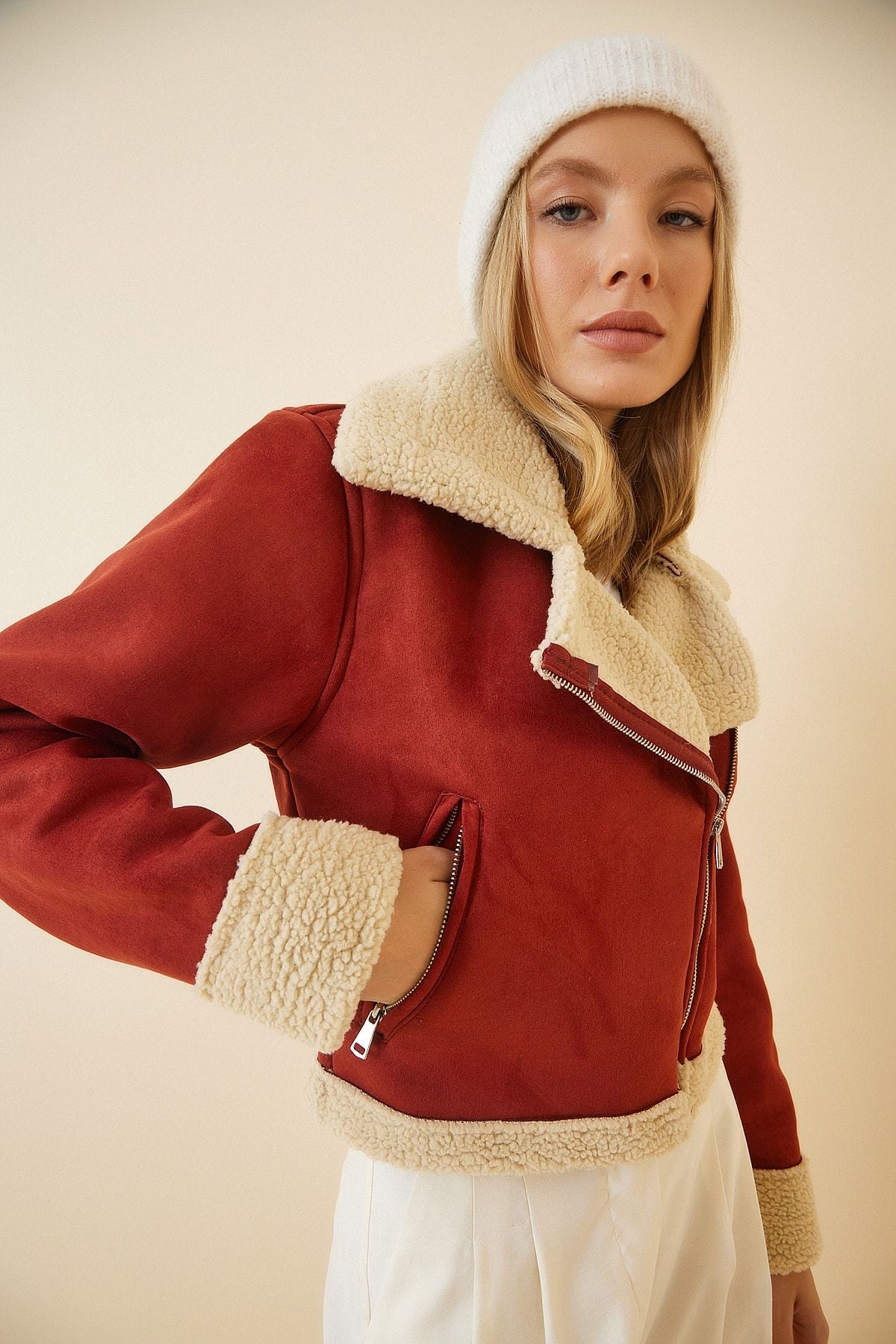 Women's Tile Plush Fur Detailed Artificial Leather Biker Coat BJ00016