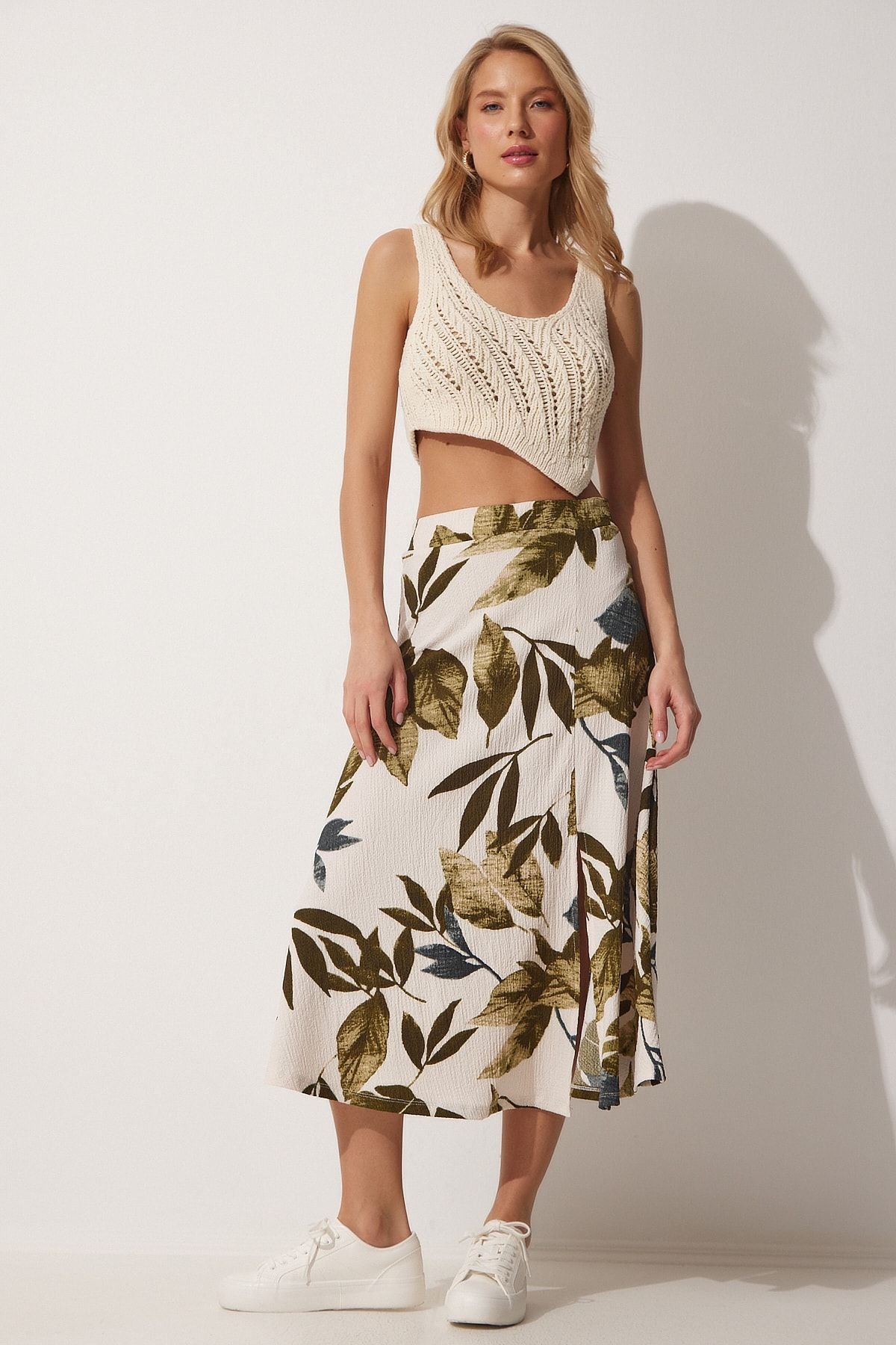 Female Green Cream Patterned Solid Summer Knitting Skirt ZH00017