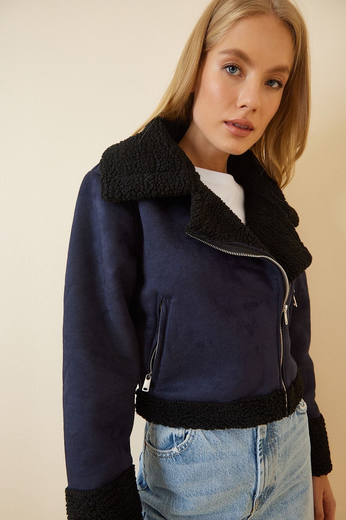 Women's Navy Plush Fur detailed artificial leather biker coat BJ00016
