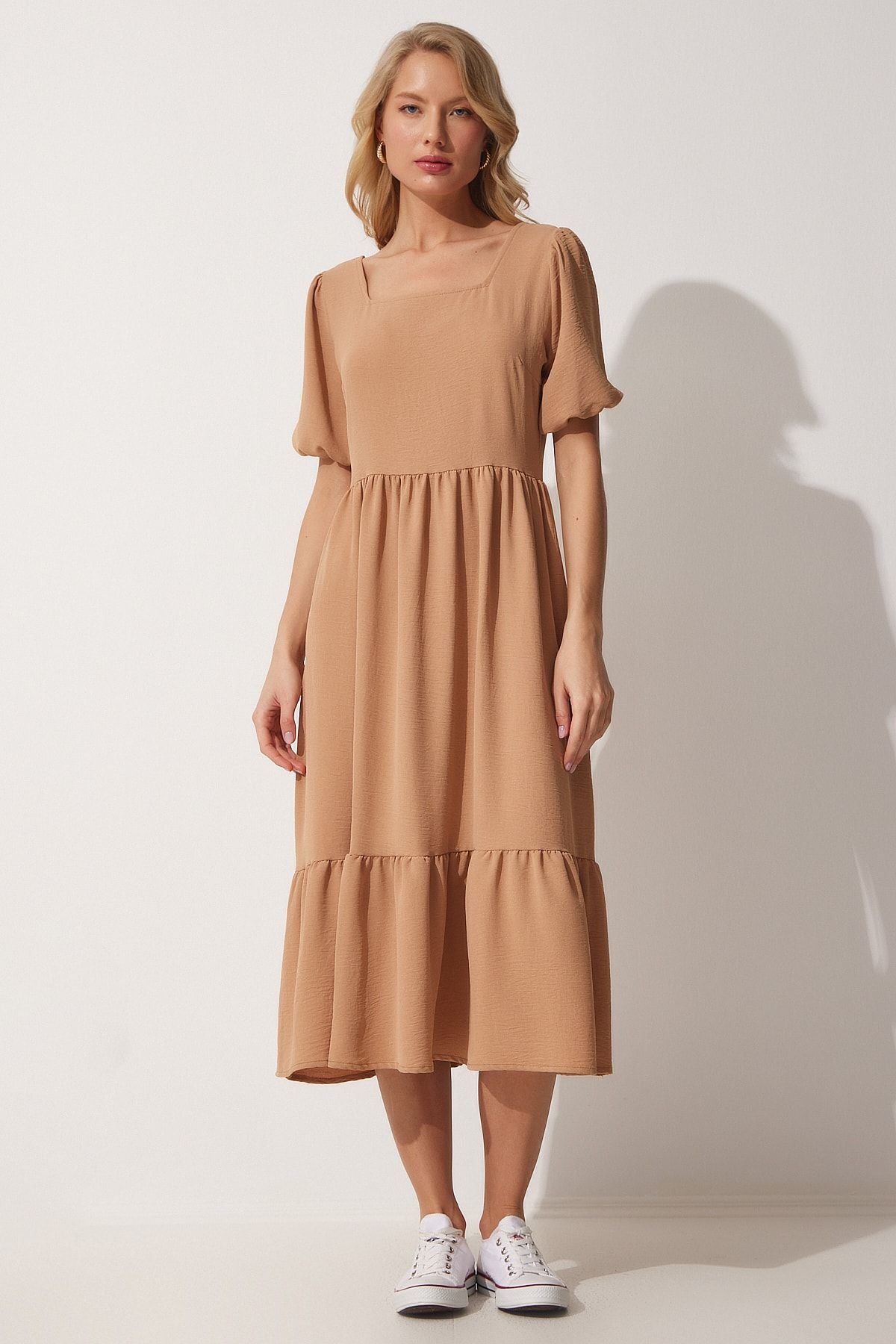 Female Biscuit Square Collar Summer Summer AYROBİN Dress ZH00023