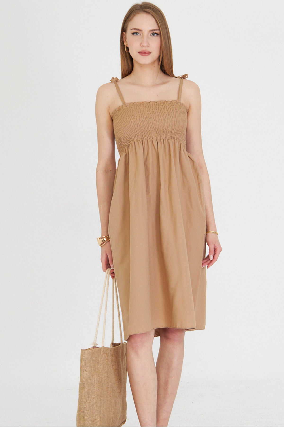 Women's Mink Straps Lace Up Chest Gimped Elastic Mini Dress ARM-25Y001047