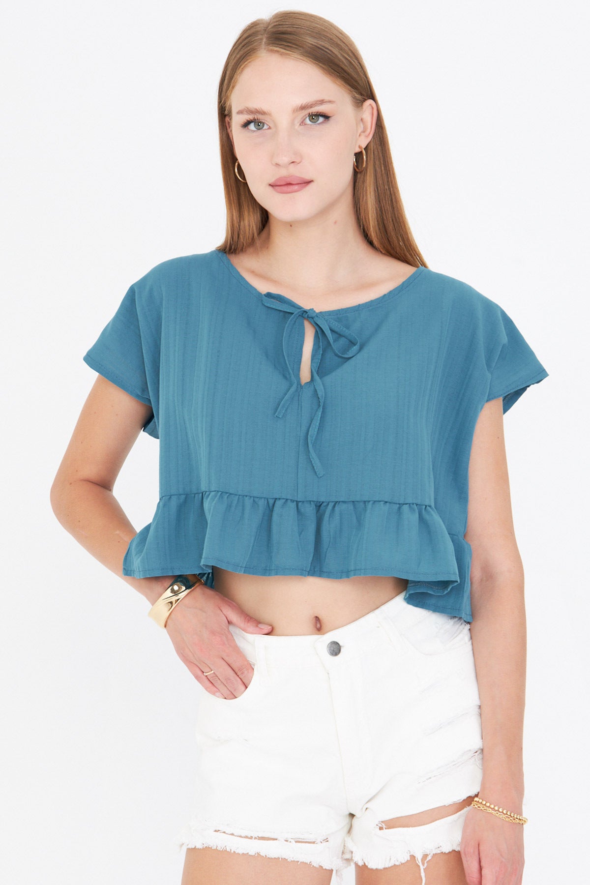 Women's Petrol Bat Sleeve Collar Tie-Up Skirt Ruffled Oversize Crop Blouse ARM-24Y001088