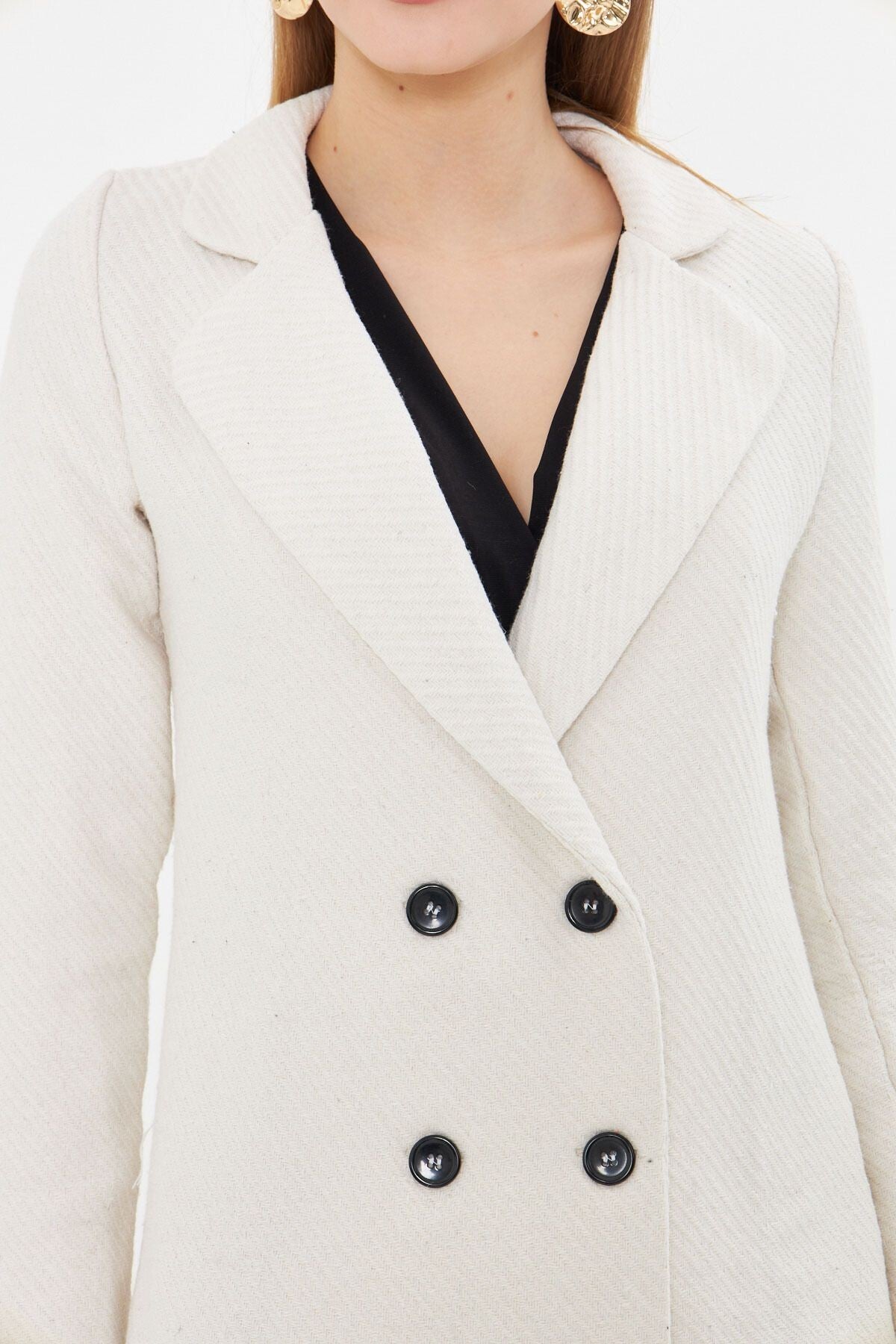 Women's White Stripe Patterned Four-Button Stash Jacket ARM-24K001037