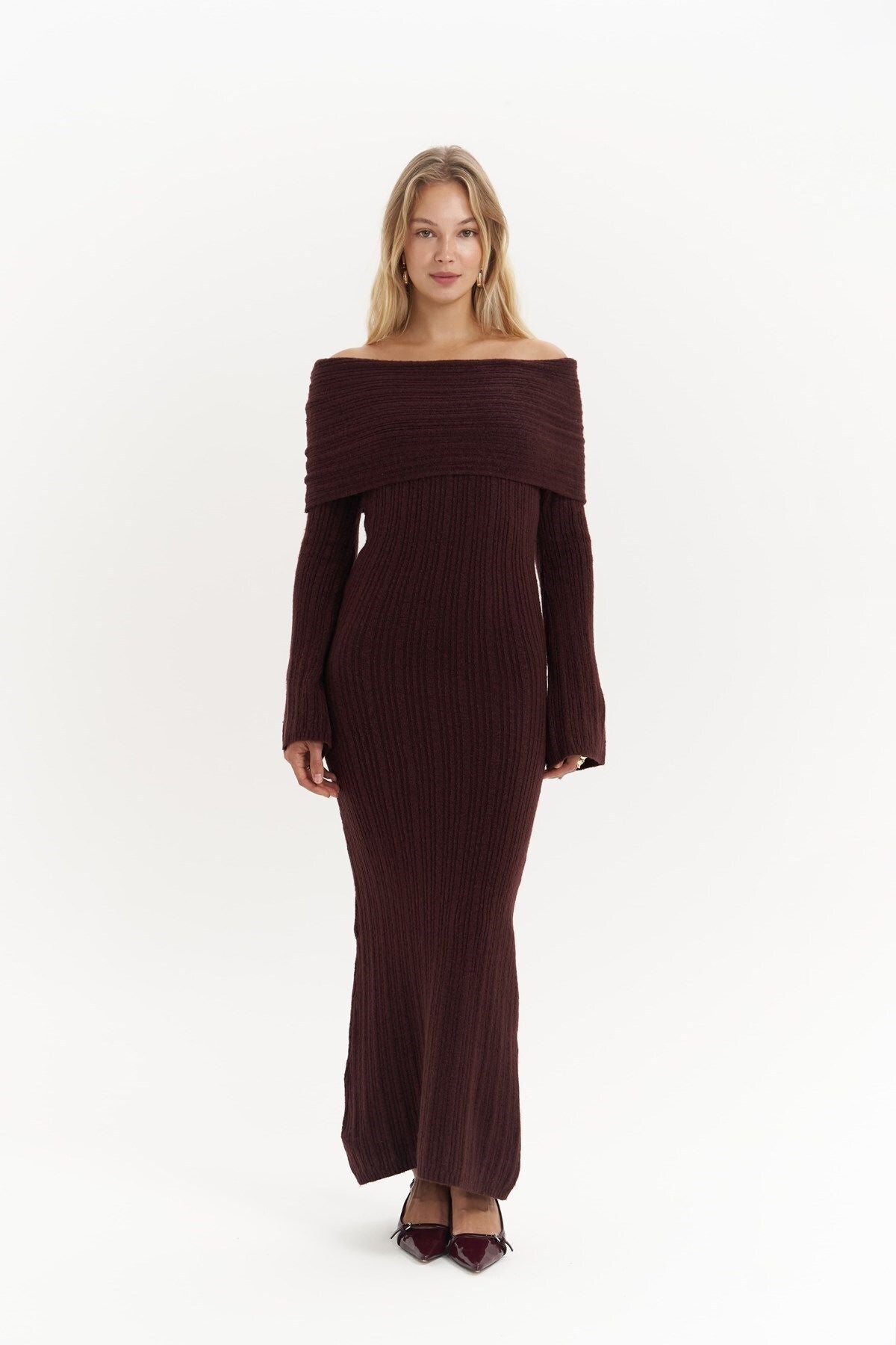 Valencia Carmen Collar Claret Red Long Knitwear Dress