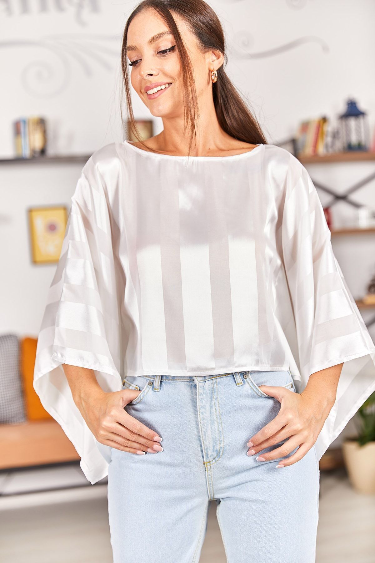 Women's White Satin Thick Striped Casual Crop Blouse ARM-22Y001100