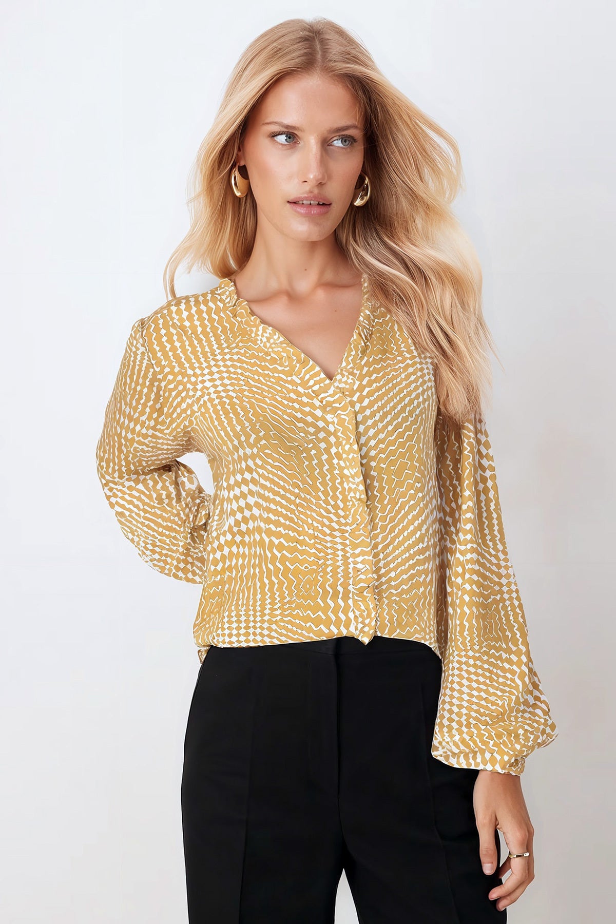 Women's Oil Green Collar and Front Frilled Long Sleeve Blouse with Elastic Sleeves ARM-25Y001015