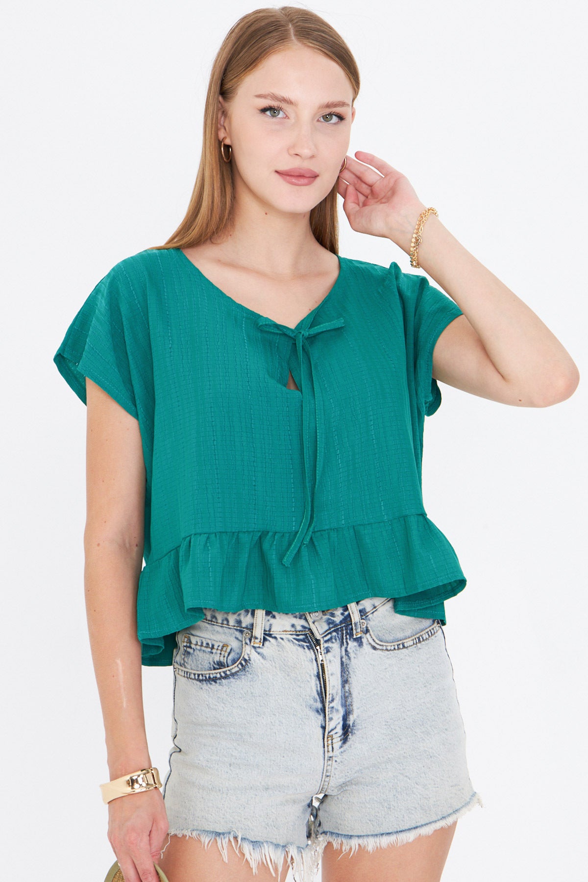 Women's Dark Green Bat Sleeve Collar Tie-Up Skirt Ruffled Oversize Crop Blouse ARM-24Y001088