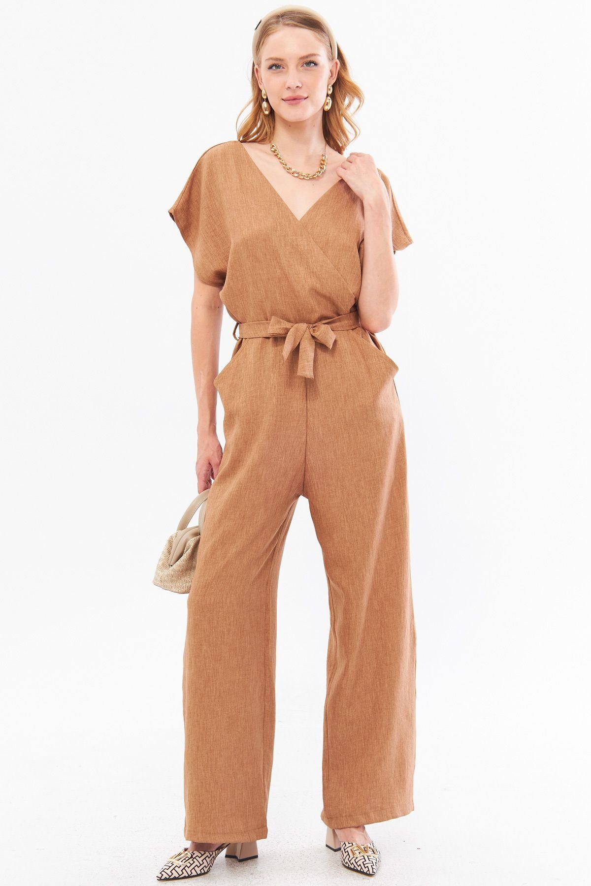 Women's Tan Double Breasted Collar Back V Detailed Pocket Belted Wide Leg Jumpsuit ARM-24Y001073