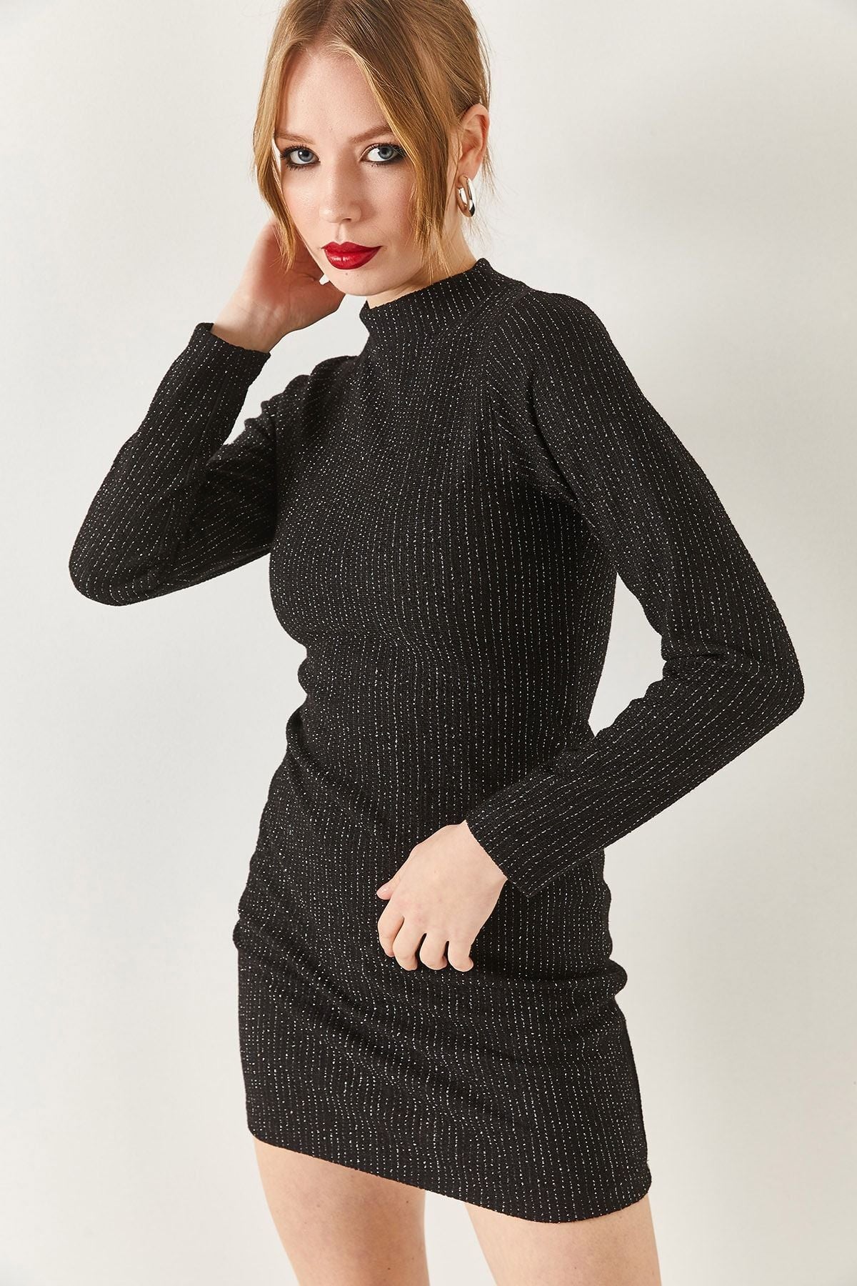 Women's Striped Glitter Half Turtleneck Mini Dress