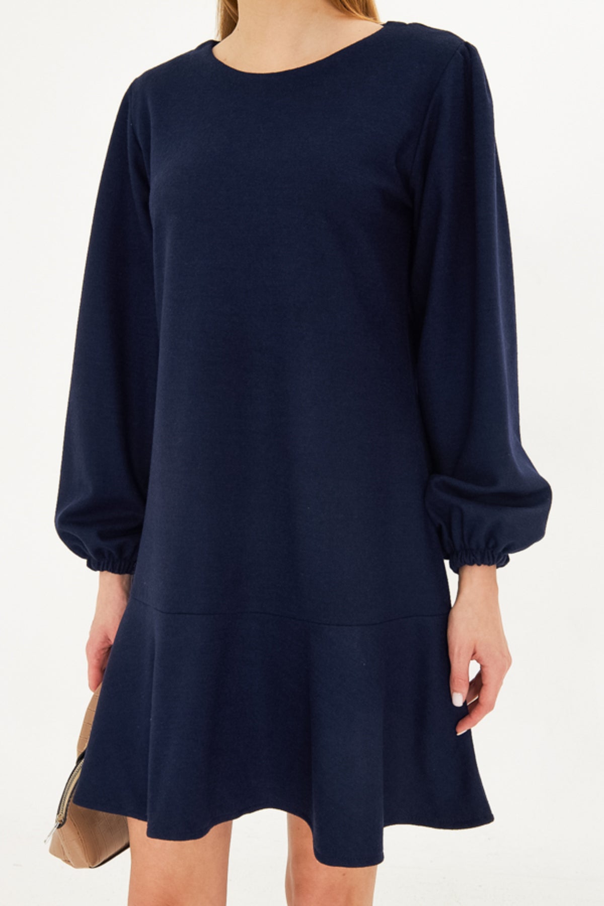 Women's Navy Blue Round Neck Skirt Flounced Sleeves Gathered Lined Stash Dress ARM-25K001094