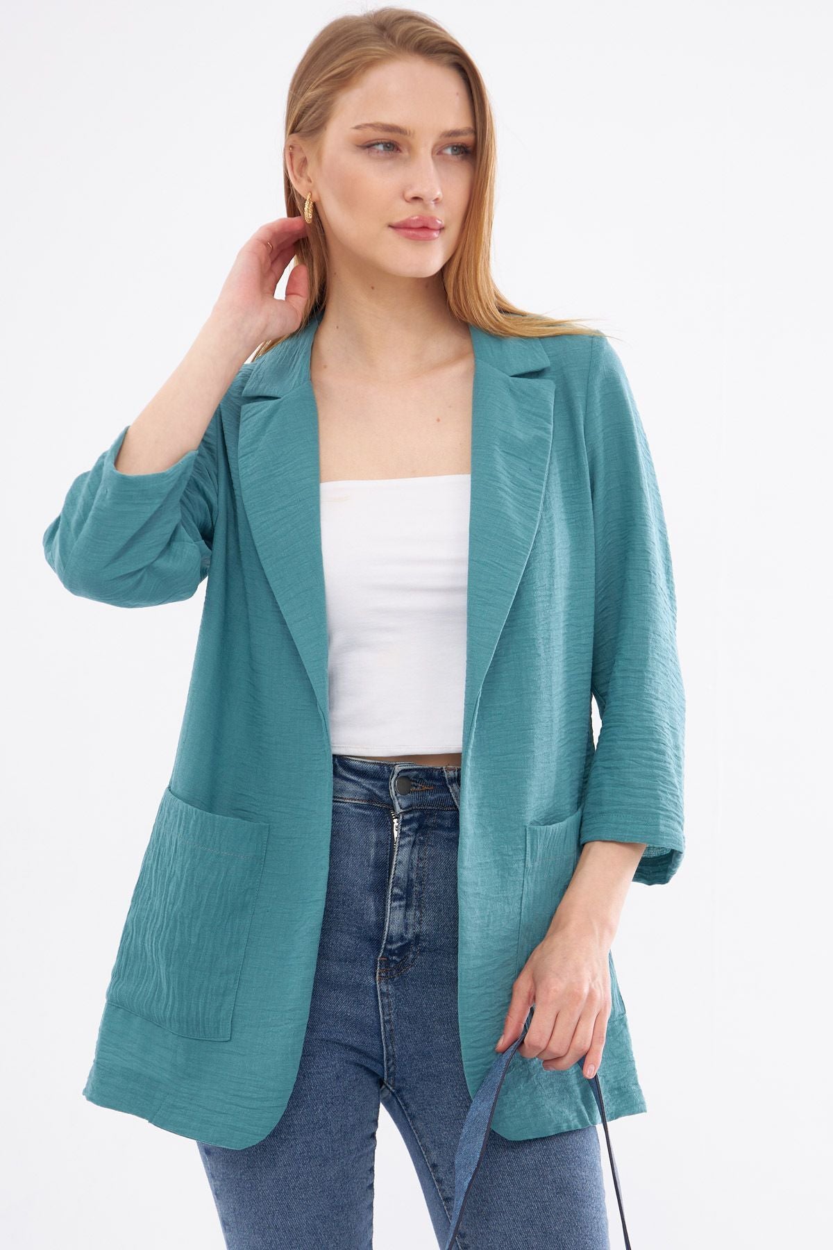 Women's Turquoise Linen Look Oversize Jacket with Pockets ARM-24Y001065