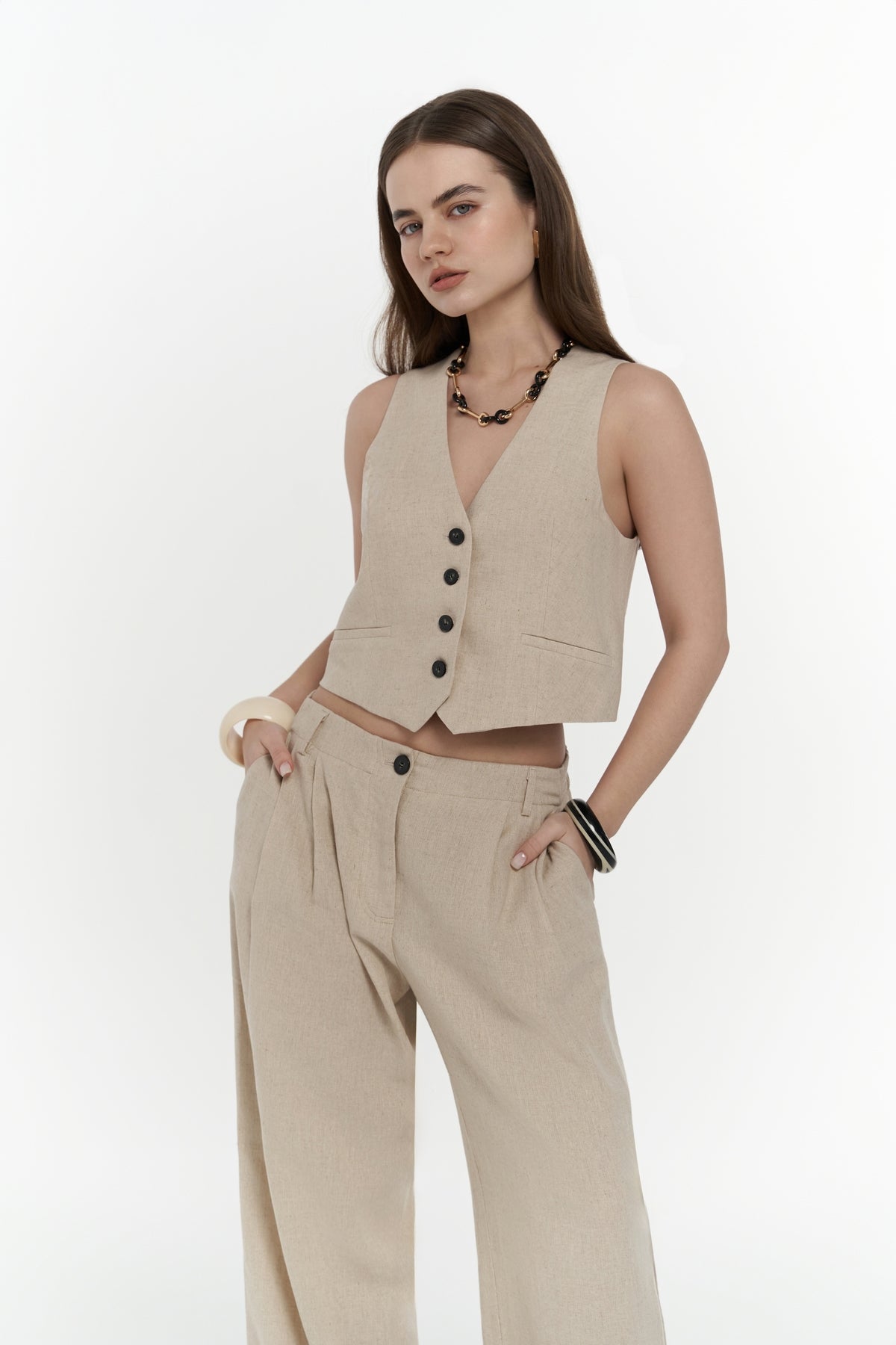 Anka Linen Beige Vest Trousers Set