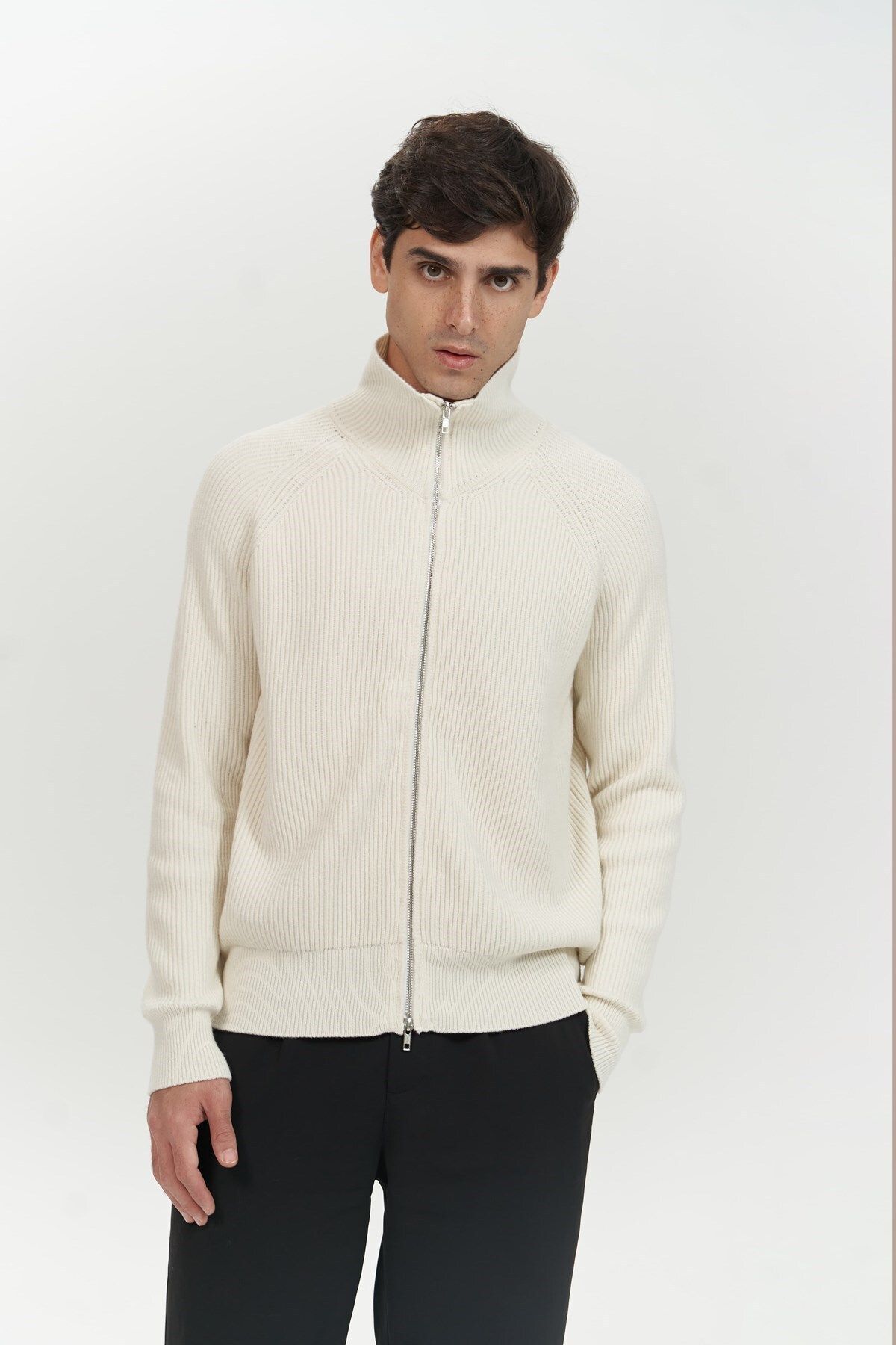 Brock Full Zipper Ecru Men's Knitwear Sweater