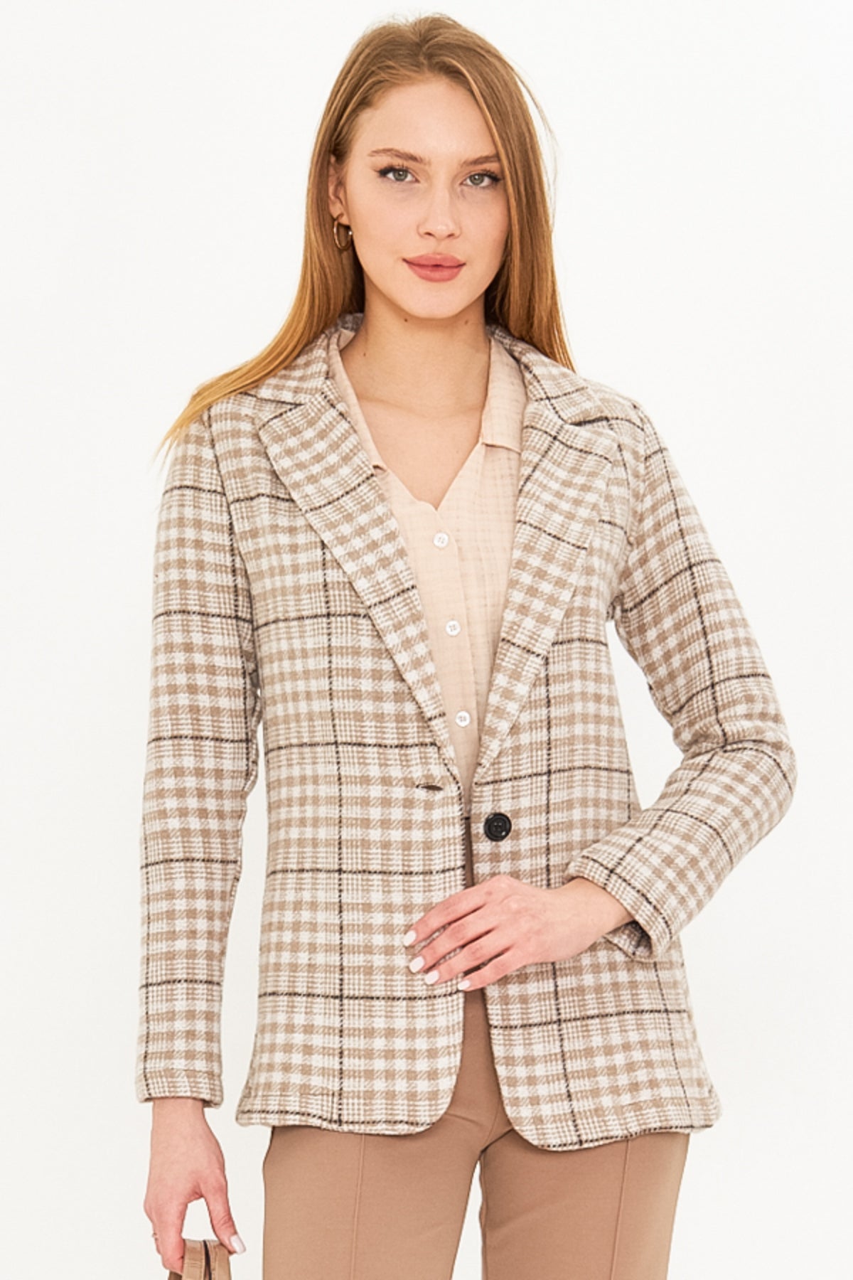 Women's Beige Plaid Pattern Single Button Stash Jacket ARM-25K001083