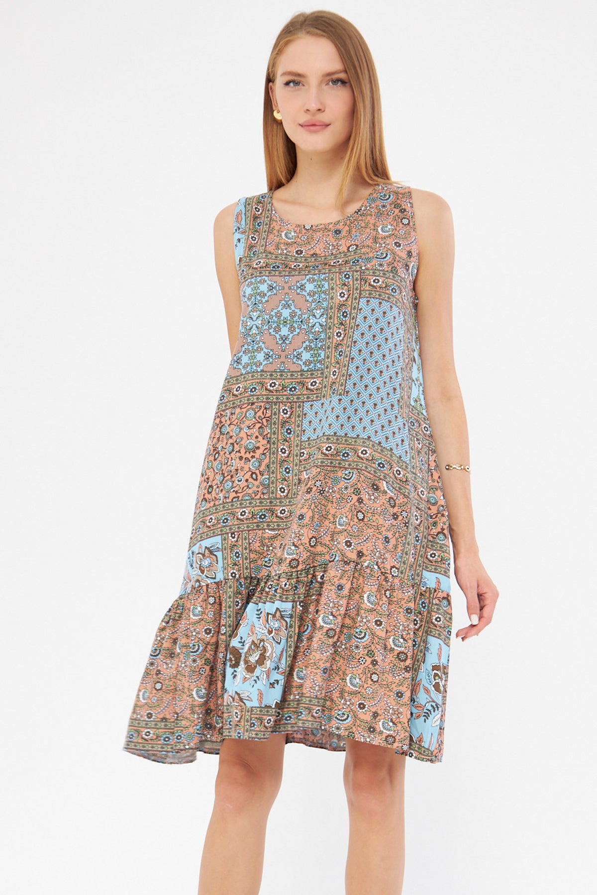 Women's Baby Blue Patterned Sleeveless Skirt Frilly Dress ARM-22K001142