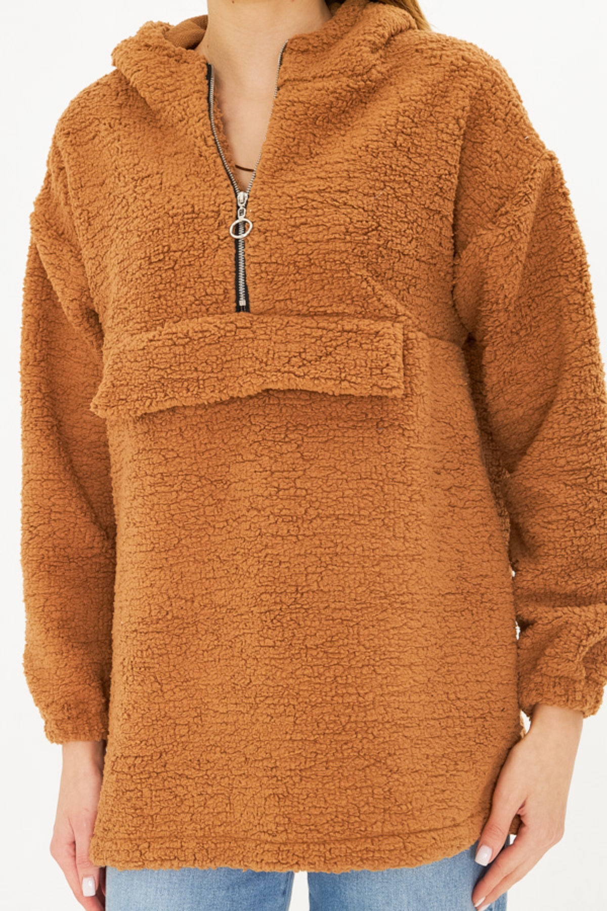 Women's Milk Coffee Hooded Plush Sweatshirt with Pocket Cover ARM-25K001090