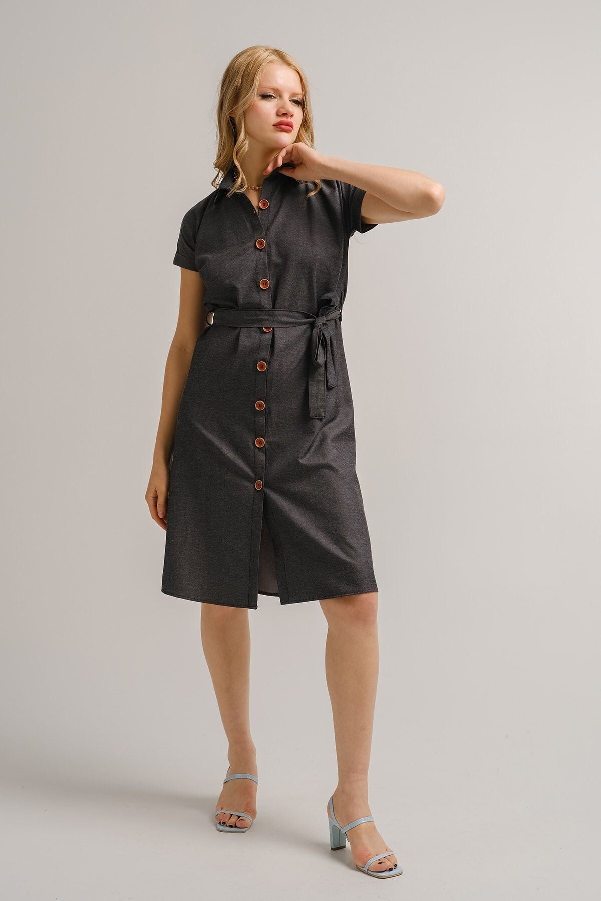 Women's Smoked Waist Belted Short Sleeve Shirt Dress Arm-19y001068