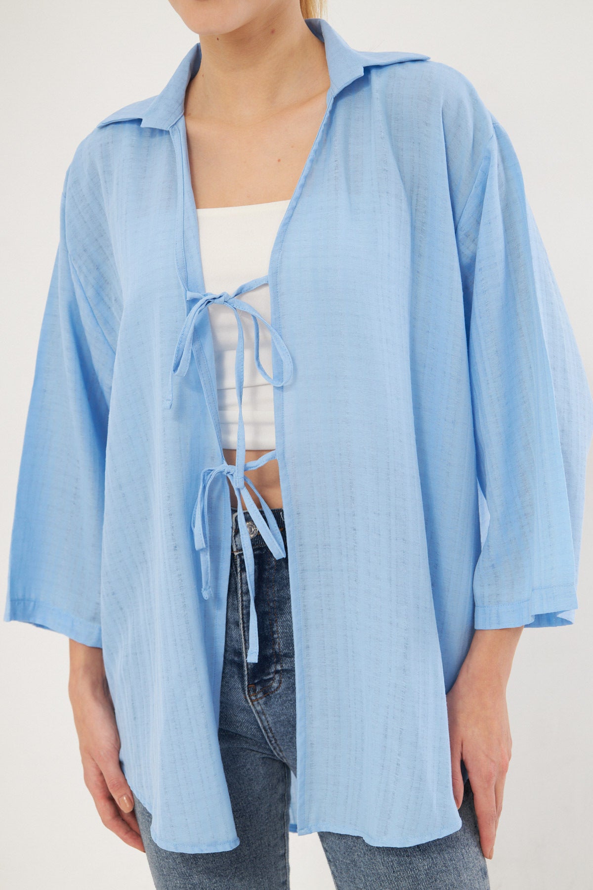 Women's Baby Blue Shirt Collared Front Lace Kimono Shirt ARM-25K001006