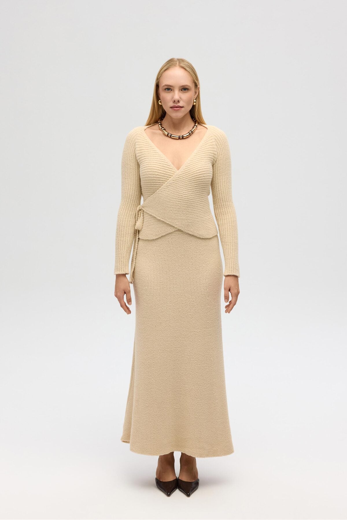 Beige Top-Skirt Set with Fluff Tie