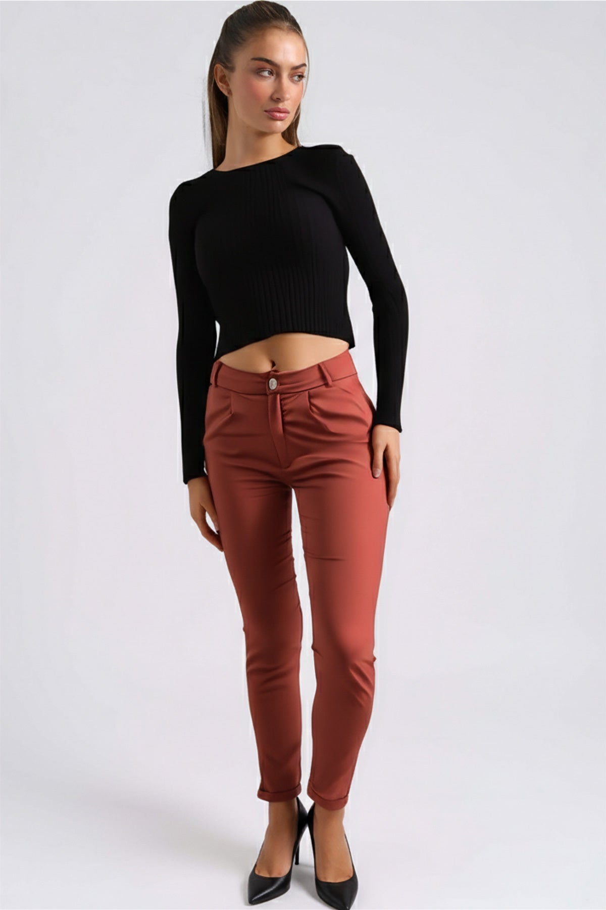 Women's Tan Elastic Waist Folded Leg Trousers ARM-26K136042