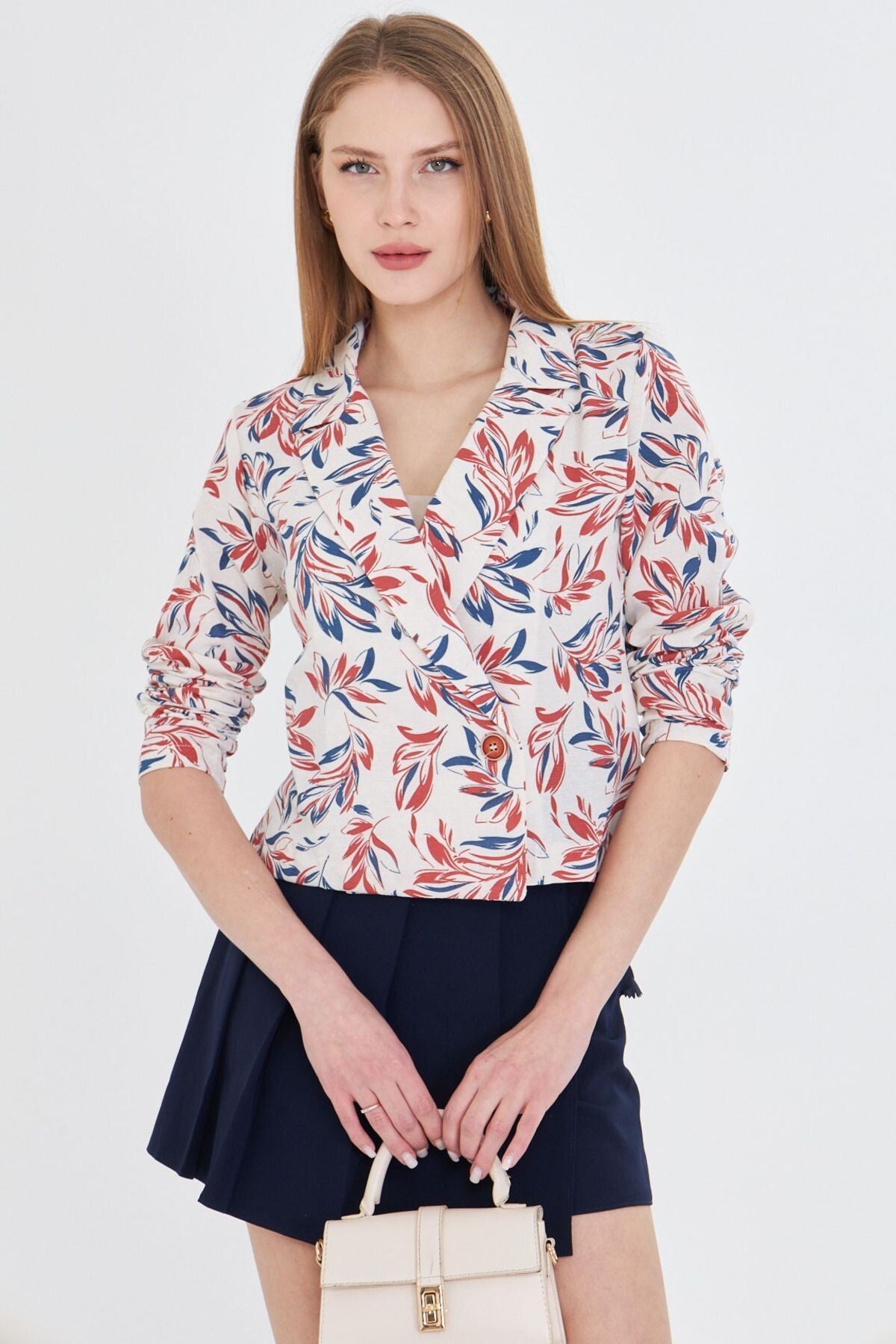 Women's Tile Double Breasted Collar Patterned Crop Jacket ARM-24Y001058