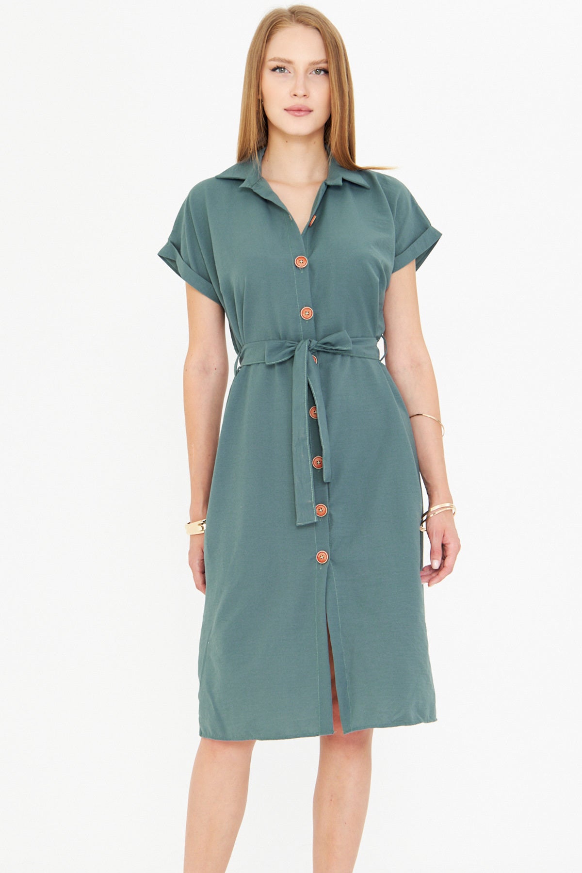 Women's Turquoise Waist Belted Short Sleeve Shirt Dress ARM-25Y001065