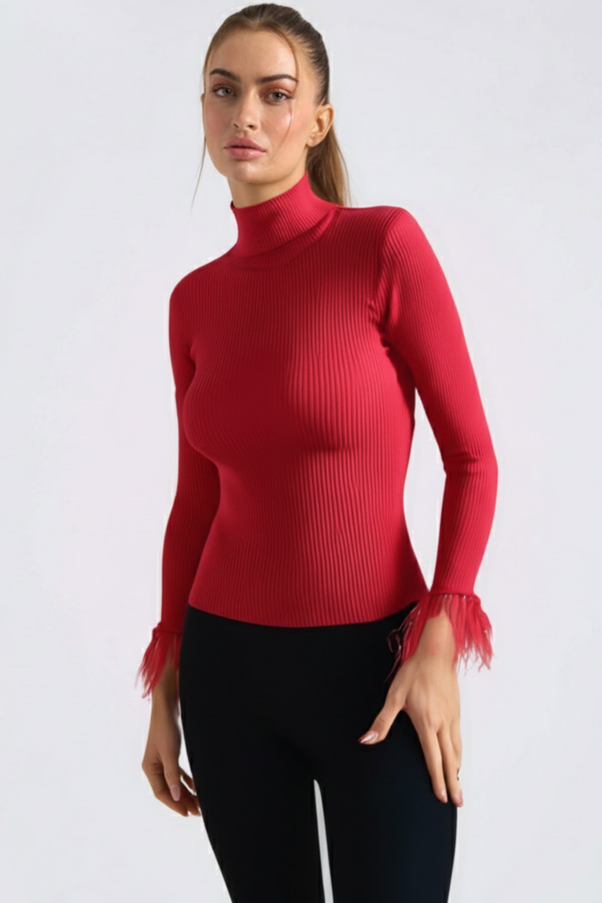 Women's Red Turtleneck Sleeve Furry Knitwear Sweater ARM-26K136038