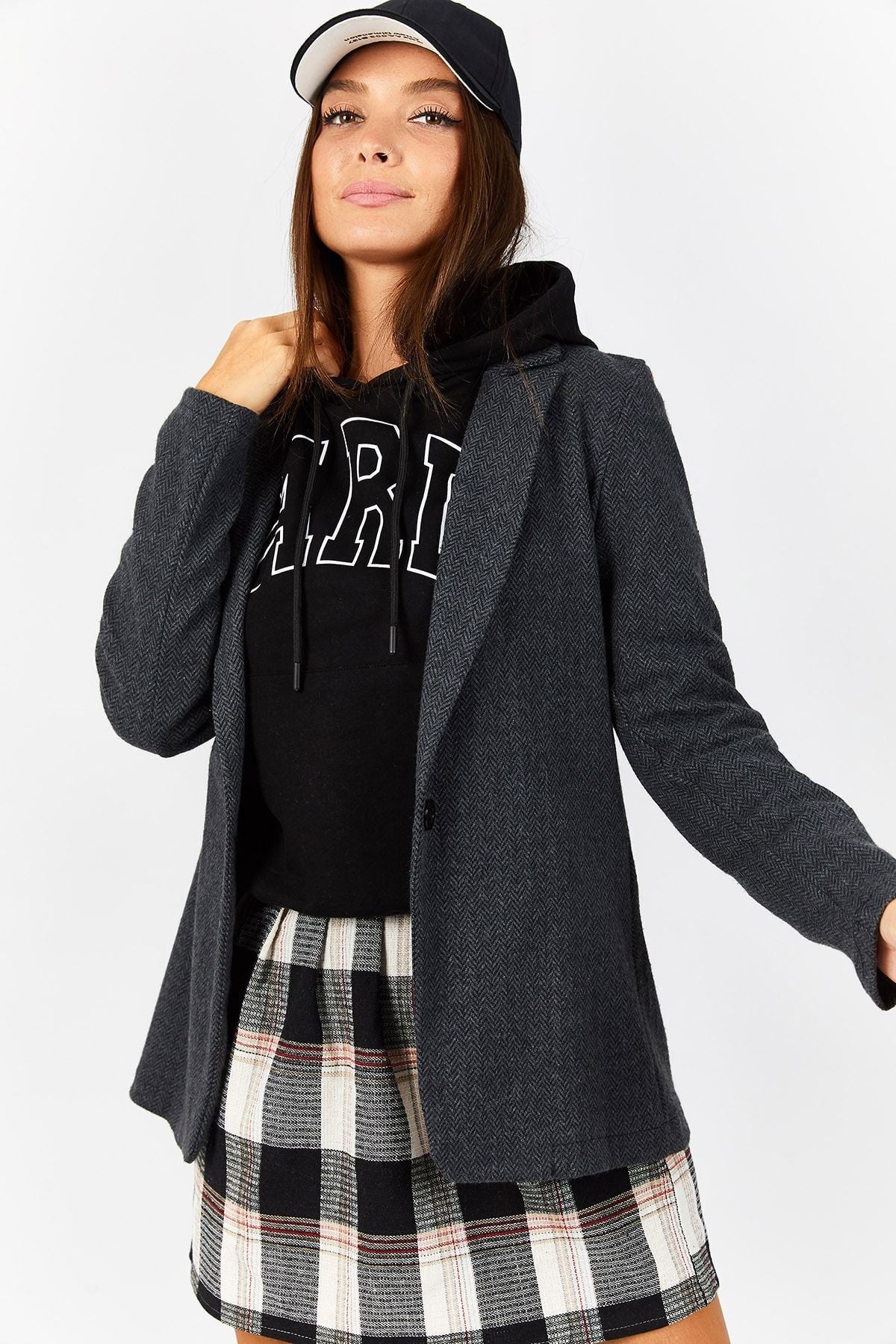 Women's Anthracite Zigzag Pattern Single Button Jacket Arm-21K001066