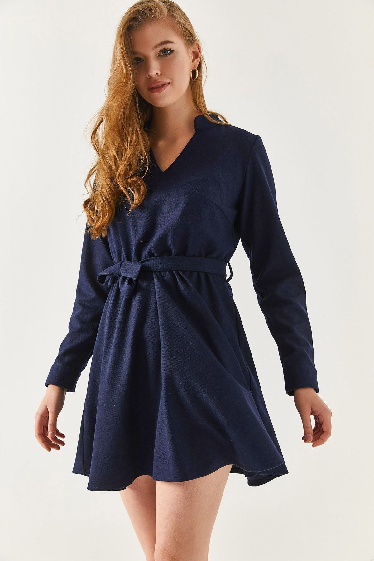 Women's V-Neck Elastic Waist Tie-up Flared Dress