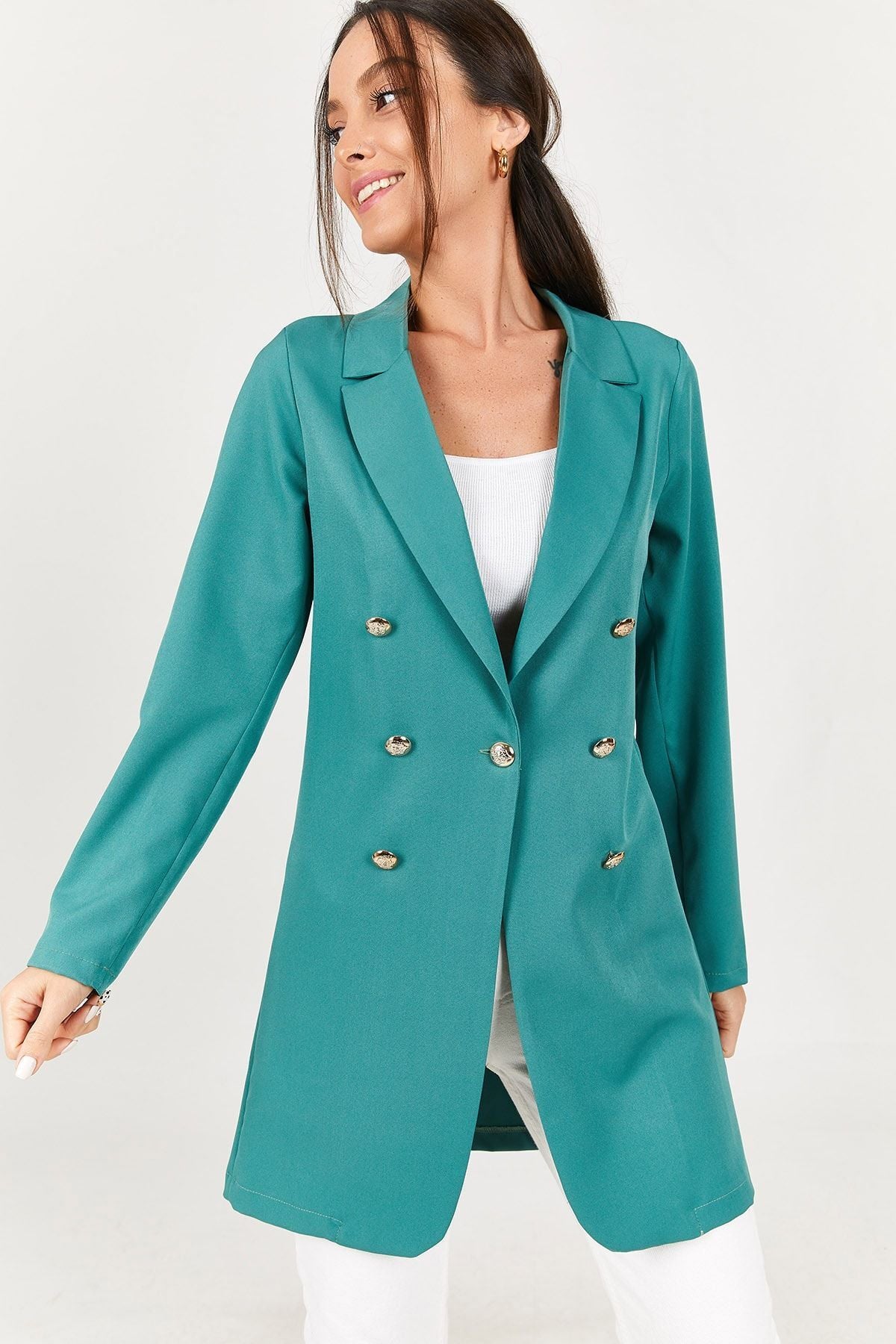 Women's Turquoise Buttoned Long Jacket ARM-22Y001072
