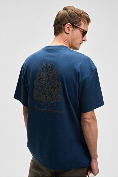 BENFICA Men's 100% Organic Cotton Print Detailed Oversize Short Sleeve Crew Neck Navy Blue T-Shirt