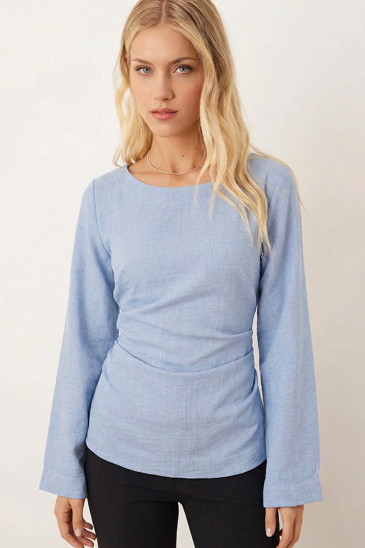 Women's Baby Blue Boat Neck Gathered Sides Blouse with Rope Detail on the Back ARM-26K001085