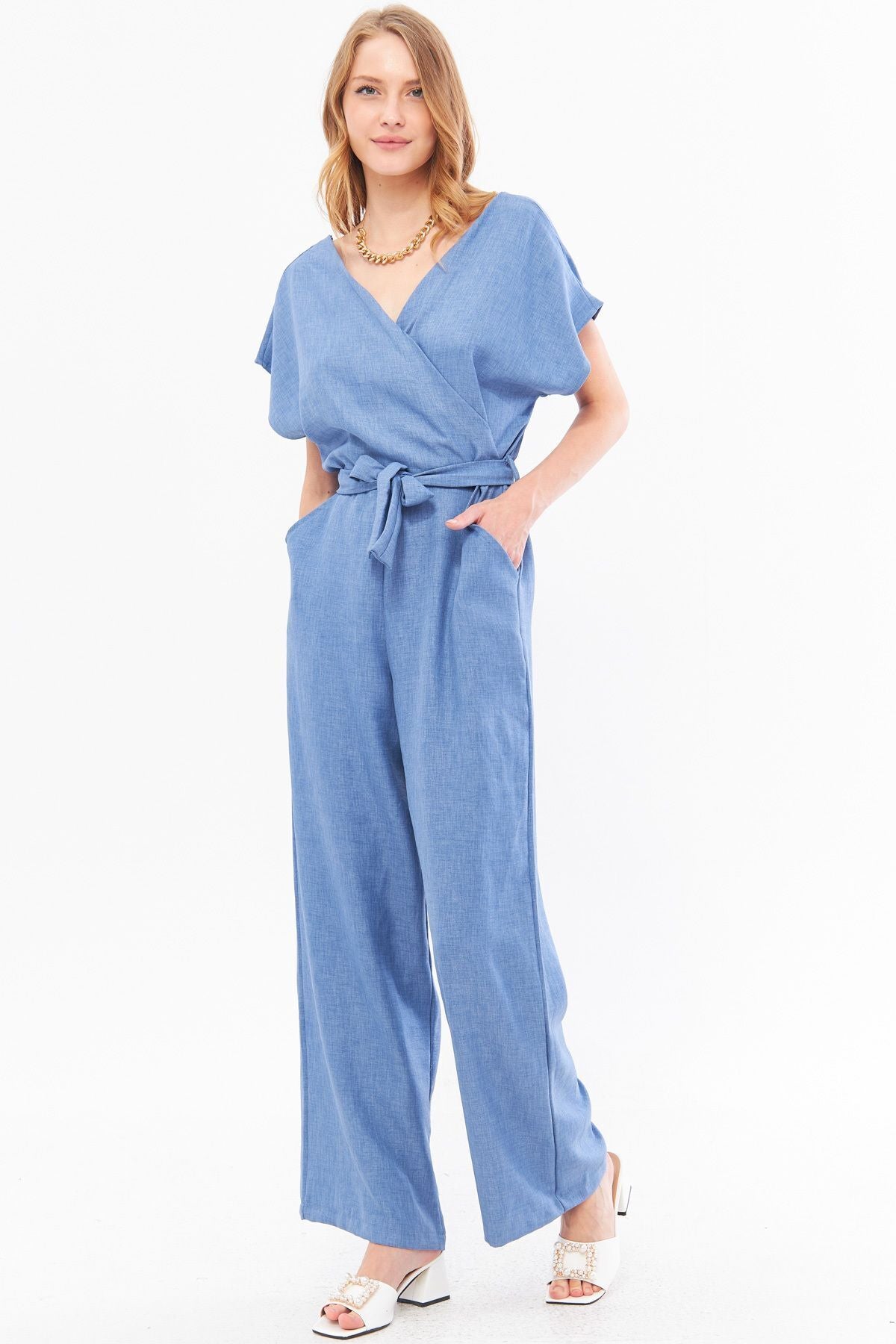 Women's Indigo Double Breasted Collar Back V Detailed Pocket Belted Wide Leg Jumpsuit ARM-24Y001073