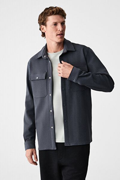 MAZE Men's Special Textured Thick Fabric Anthracite Jacket with Pockets and Snap Fasteners