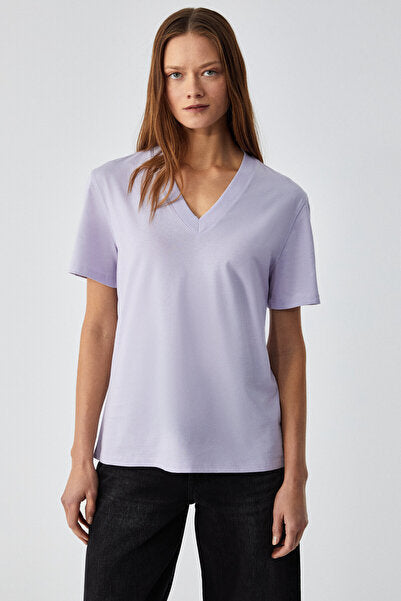 ALINE Women's 100% Organic Cotton Deep V-Neck Comfort Fit Lilac T-Shirt
