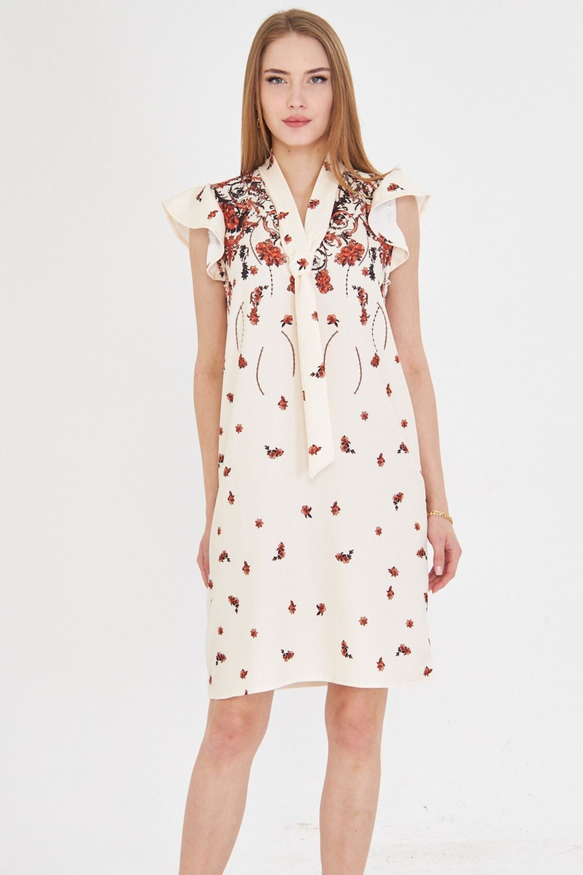 Women's Tile V-Neck Sleeves Frilly Tie Detailed Dress ARM-25Y001023