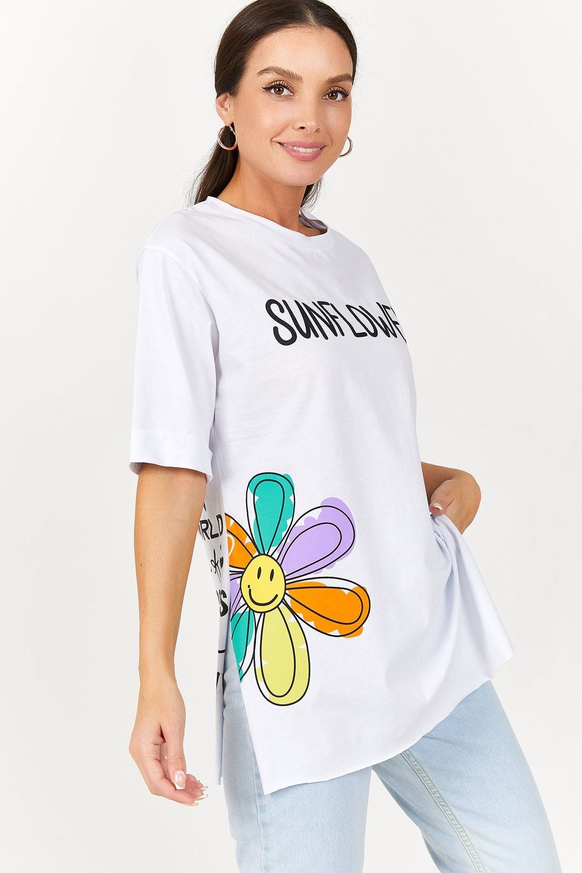 Women's White Floral Written Double Sleeve Oversize T-shirt ARM-22Y024040