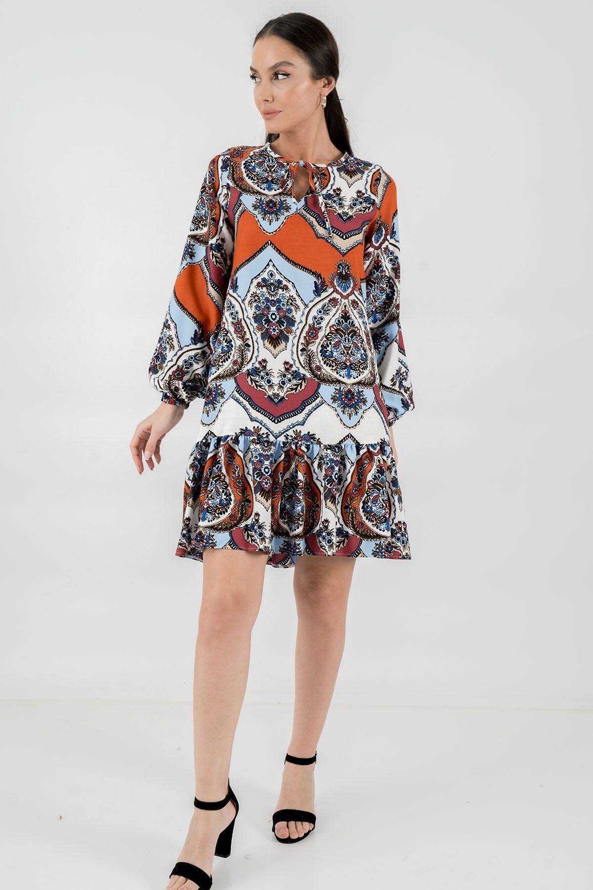 Women's Baby Blue Patterned Long Sleeve Dress with Tie-Up Collar and Ruffle Skirt ARM-24Y001003