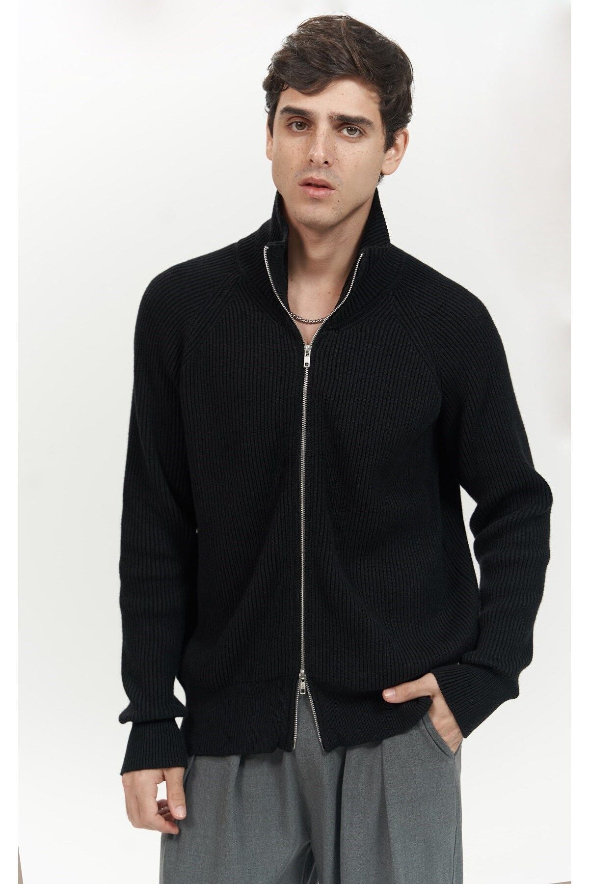 Brock Full Zipper Black Men's Knitwear Sweater